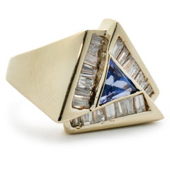 14 Karat Yellow Gold Tanzanite and Diamond Triangle Ring