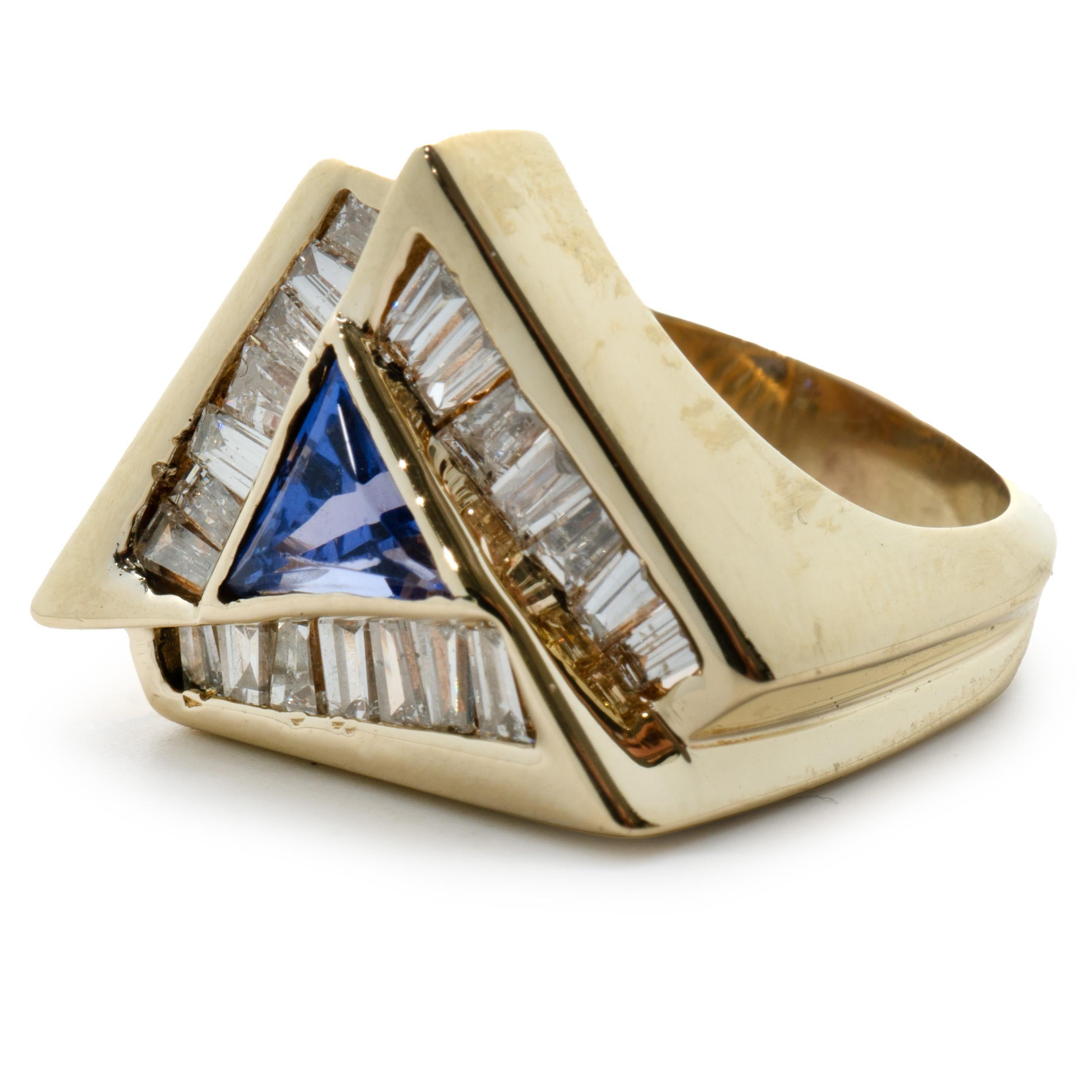 Trillion Cut 14 Karat Yellow Gold Tanzanite and Diamond Triangle Ring