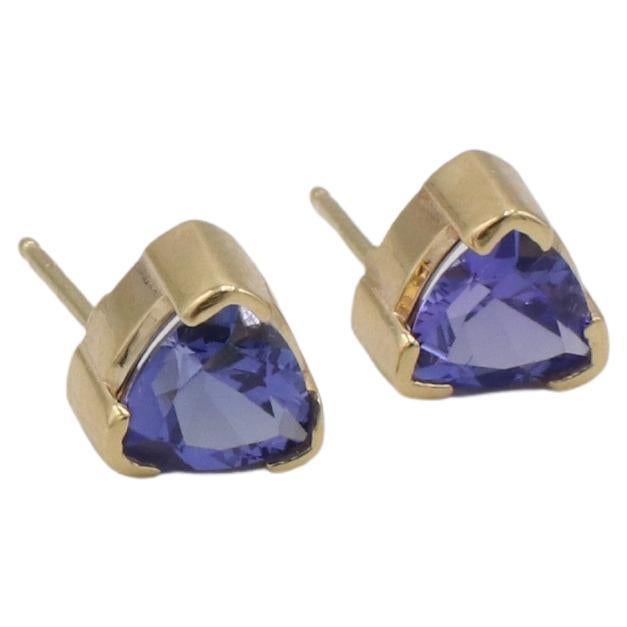 14 Karat Yellow Gold Tanzanite Trillion Shaped Stud Earrings