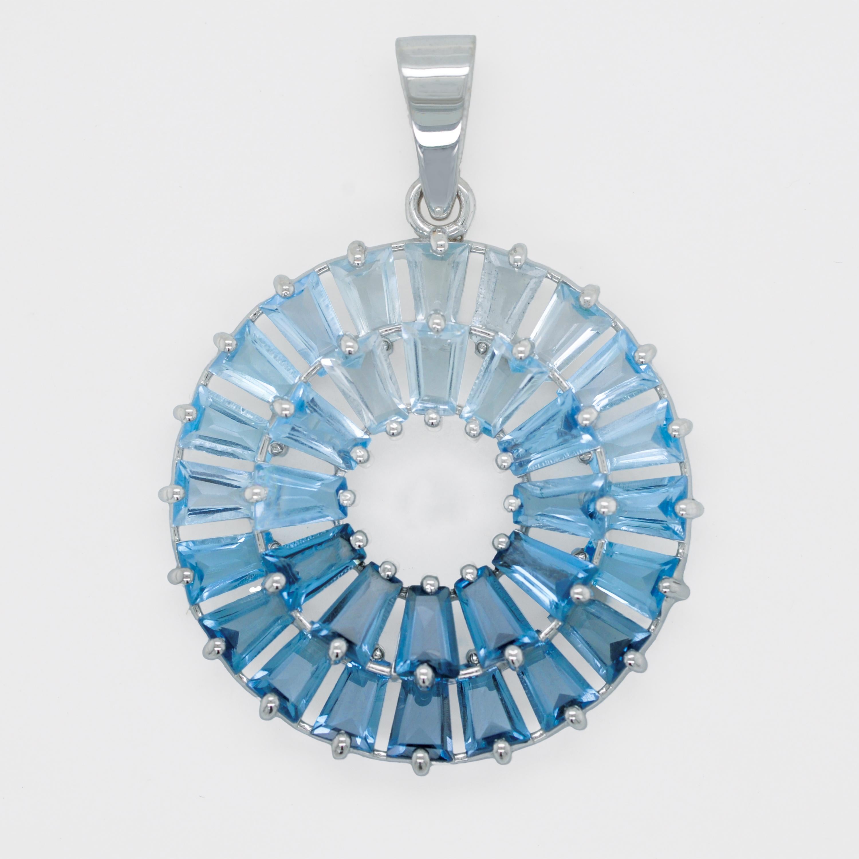 14K Handcrafted White Gold Tapered Baguette Blue Topaz Pendant Stud Earrings Set For Sale 2