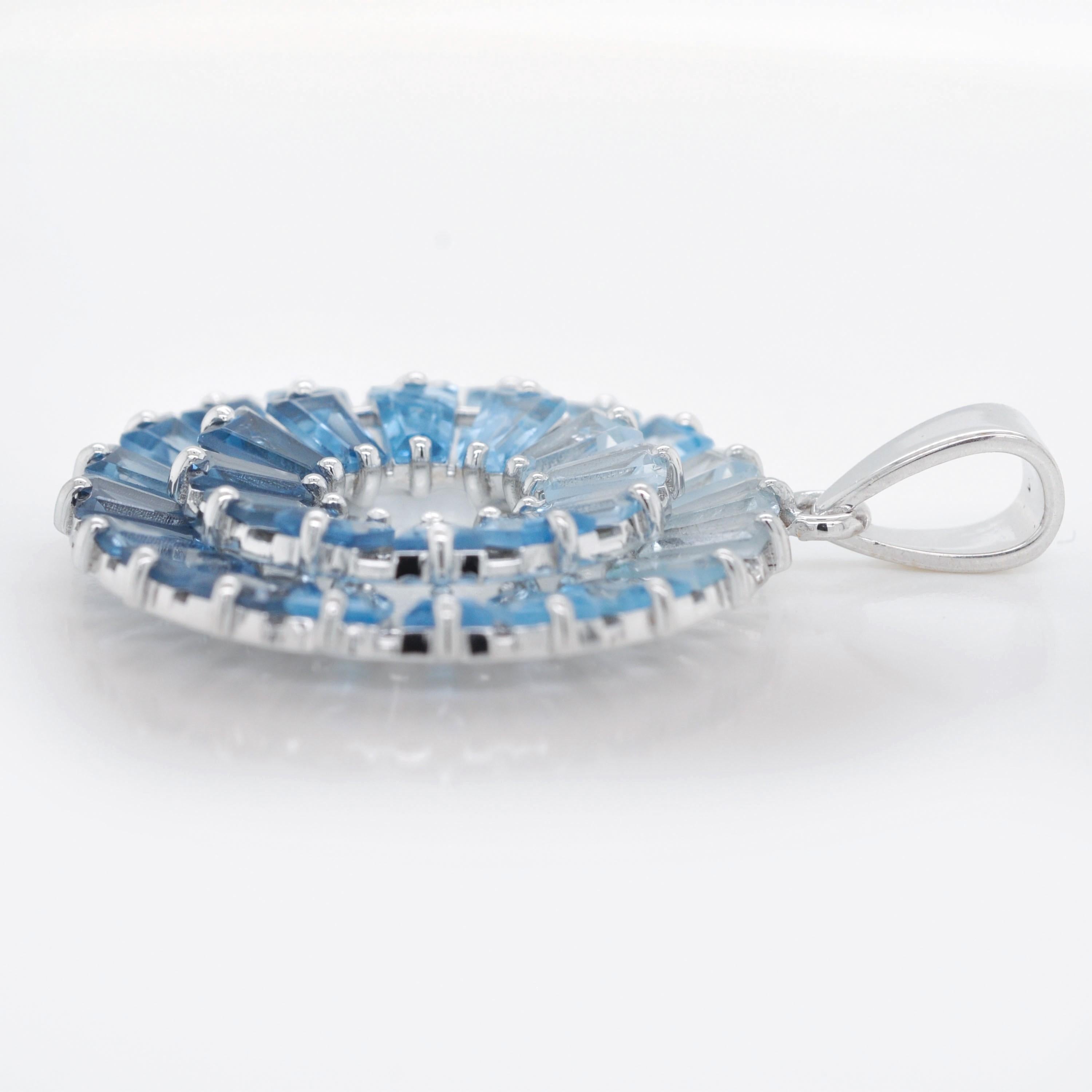 14K Handcrafted White Gold Tapered Baguette Blue Topaz Pendant Stud Earrings Set For Sale 3