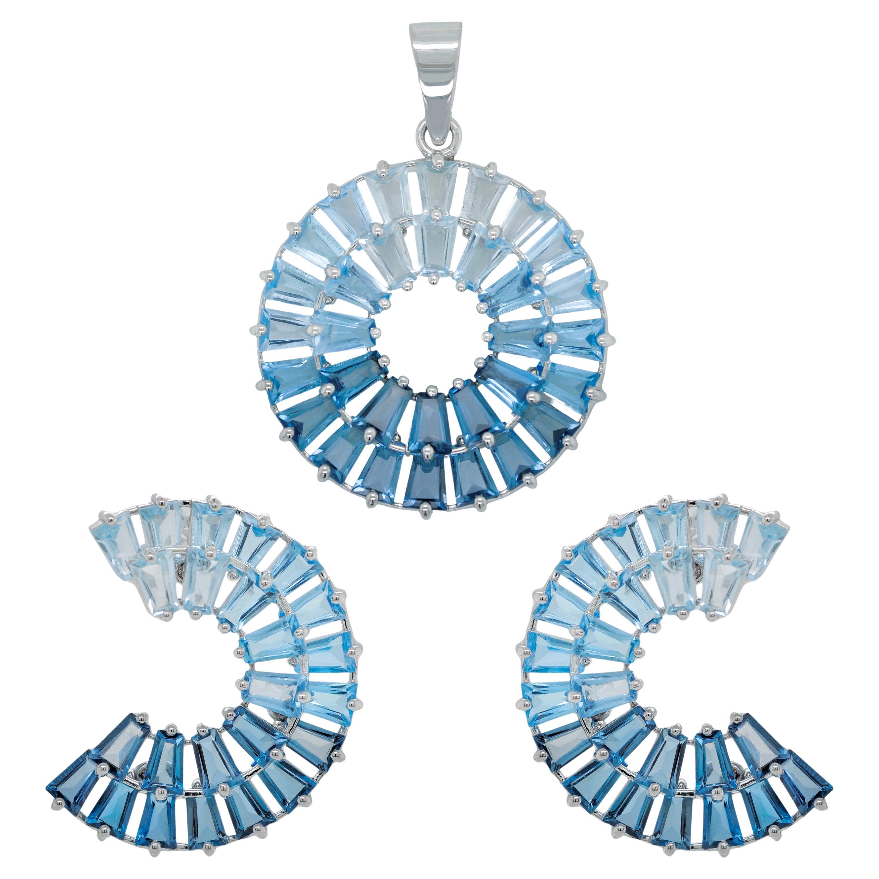 14K Handcrafted White Gold Tapered Baguette Blue Topaz Pendant Stud Earrings Set