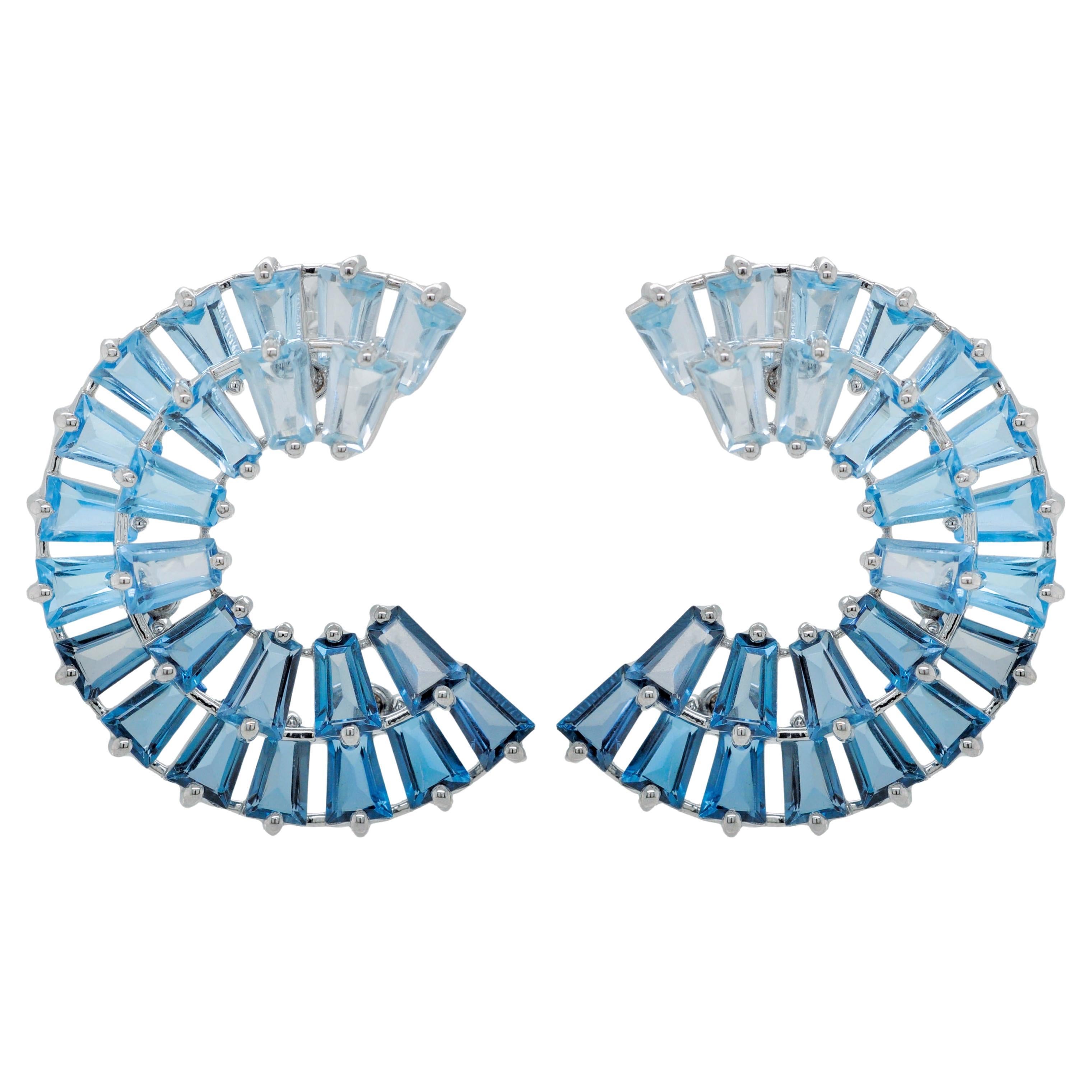 14 Karat Yellow Gold Tapered Baguette Blue Topaz Gemstones Stud Earrings