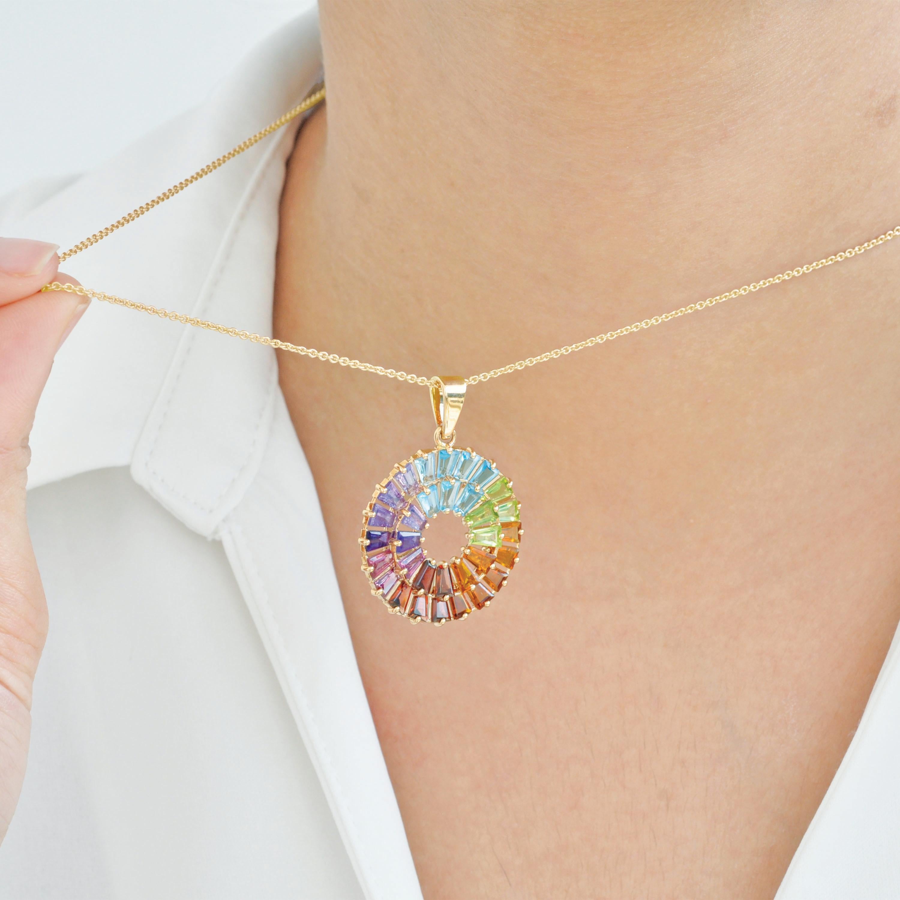 14K Handcrafted Yellow Gold Tapered Baguette Rainbow Gemstones Pendant Necklace For Sale 6