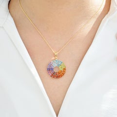 14K Handcrafted Yellow Gold Tapered Baguette Rainbow Gemstones Pendant Necklace