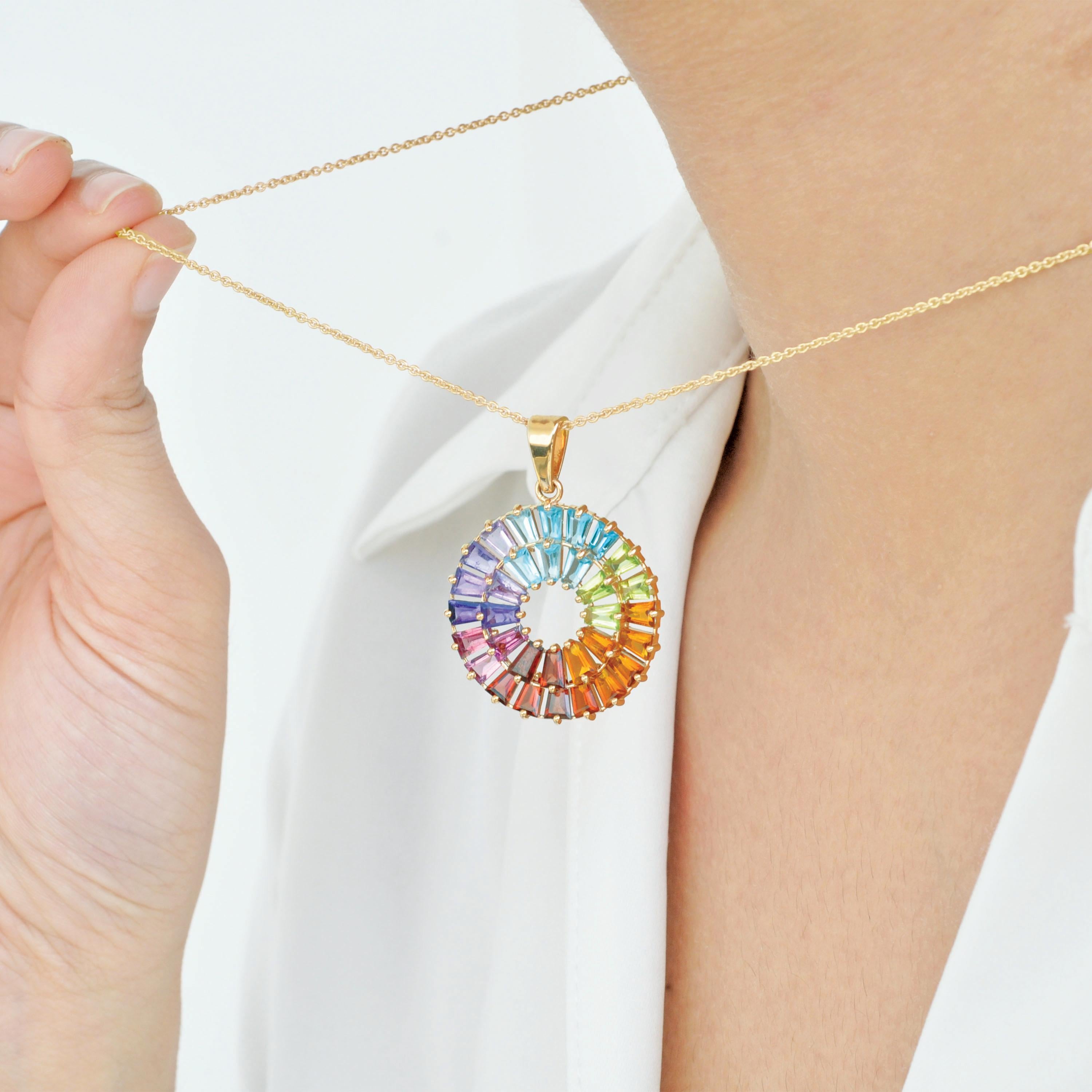Contemporary 14K Handcrafted Yellow Gold Tapered Baguette Rainbow Gemstones Pendant Necklace For Sale