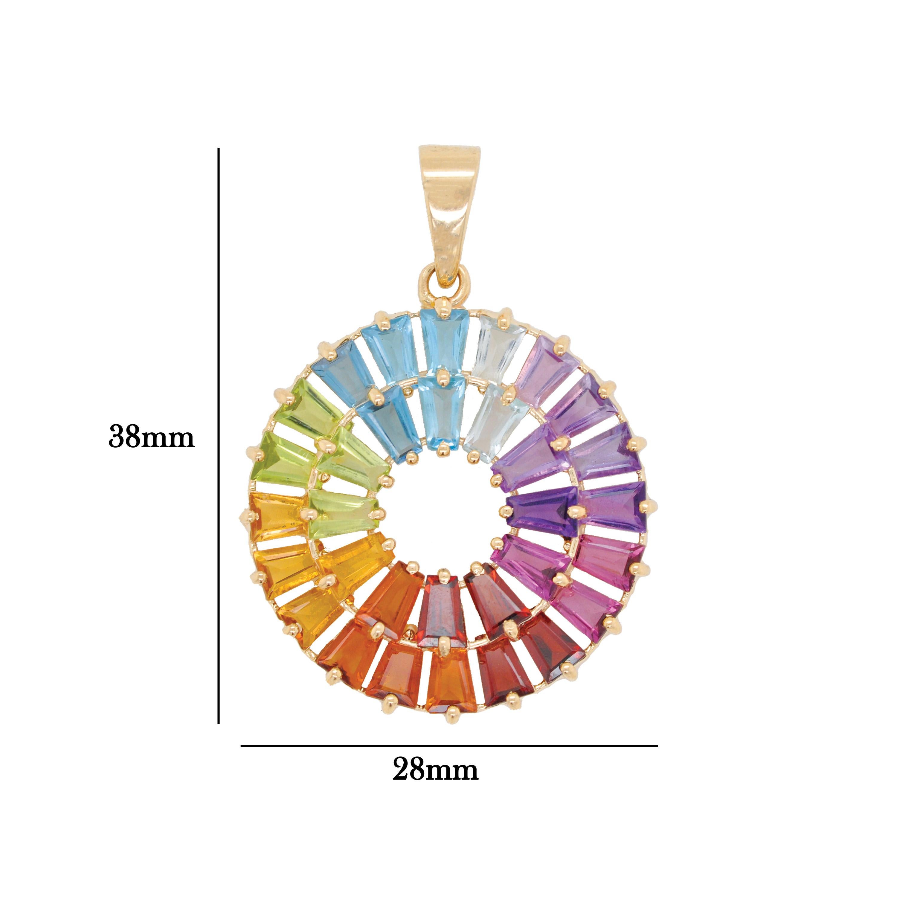 14K Handcrafted Yellow Gold Tapered Baguette Rainbow Gemstones Pendant Necklace In New Condition For Sale In Jaipur, Rajasthan