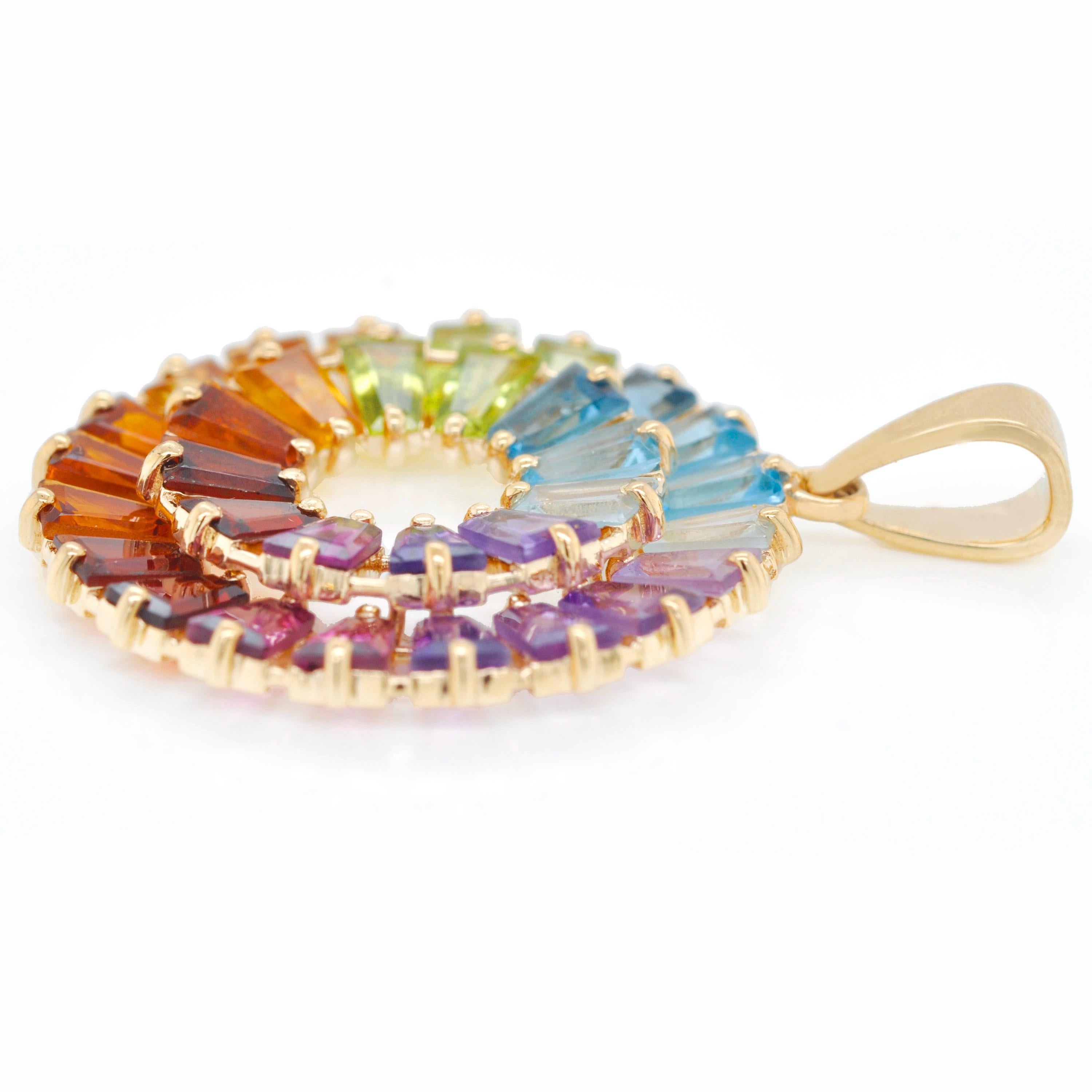 14K Handcrafted Yellow Gold Tapered Baguette Rainbow Gemstones Pendant Necklace For Sale 1