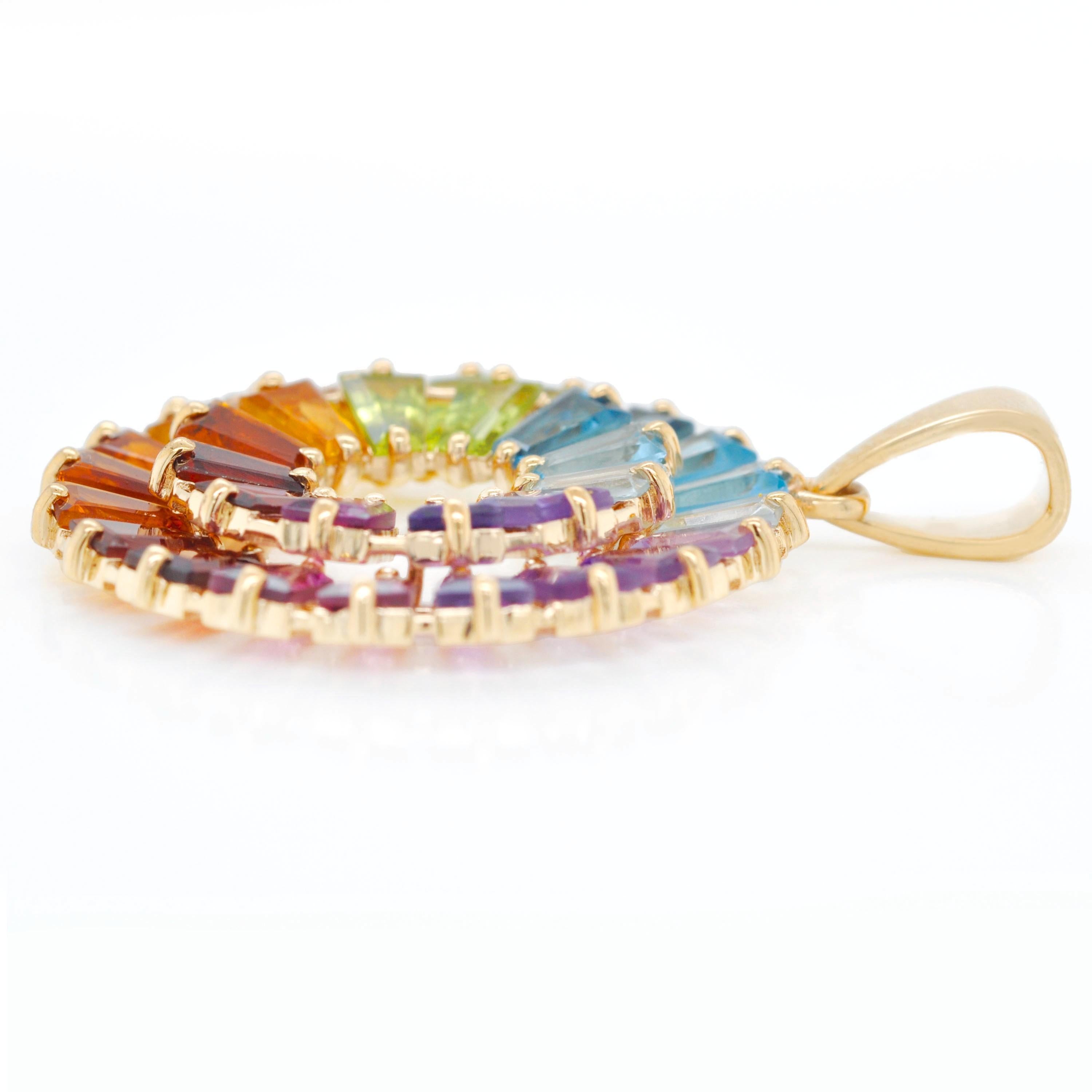 14K Handcrafted Yellow Gold Tapered Baguette Rainbow Gemstones Pendant Necklace For Sale 2
