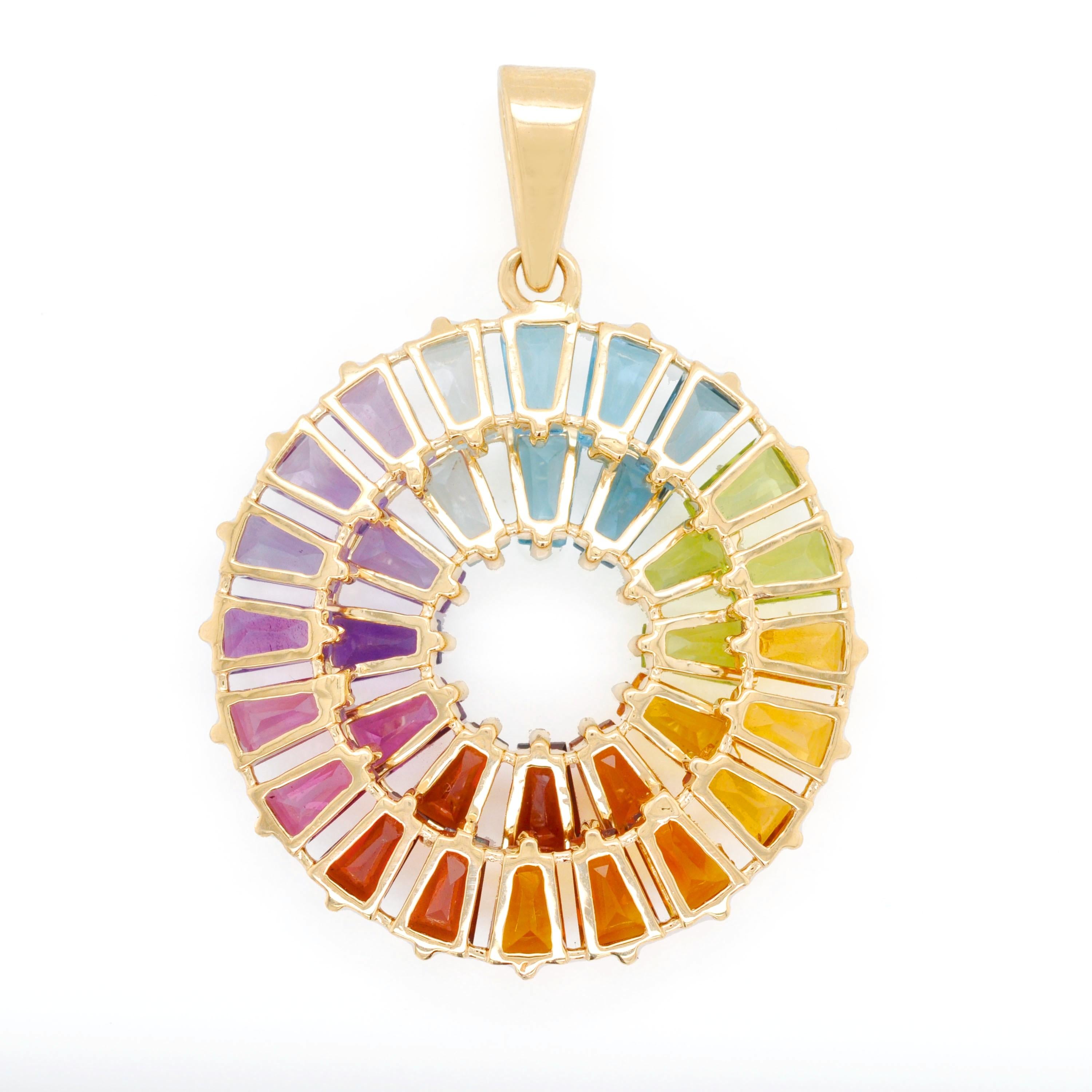 14K Handcrafted Yellow Gold Tapered Baguette Rainbow Gemstones Pendant Necklace For Sale 4