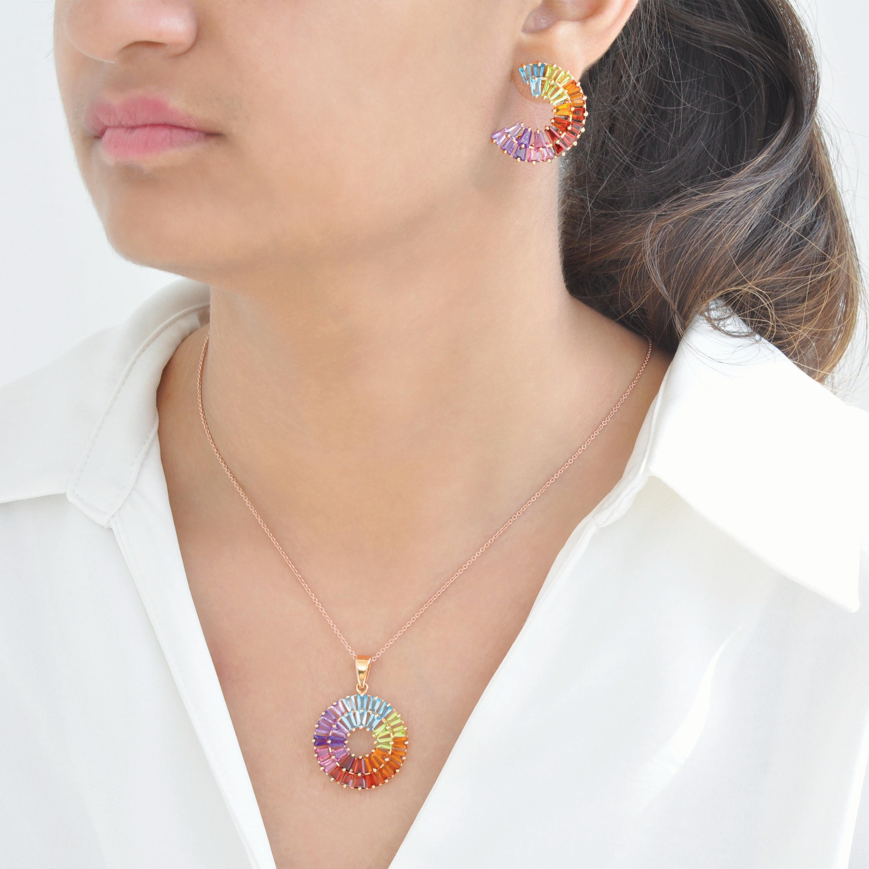 14 Karat Yellow Gold Tapered Baguette Rainbow Gemstones Pendant Stud Earrings For Sale 5
