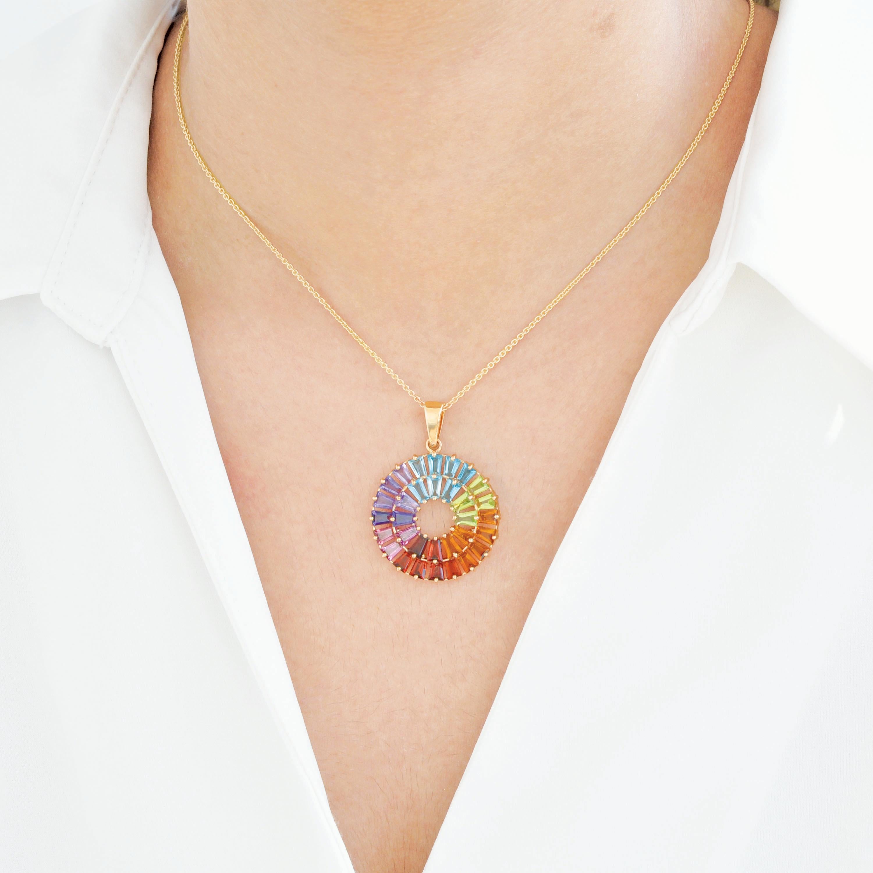 Contemporary 14 Karat Yellow Gold Tapered Baguette Rainbow Gemstones Pendant Stud Earrings For Sale