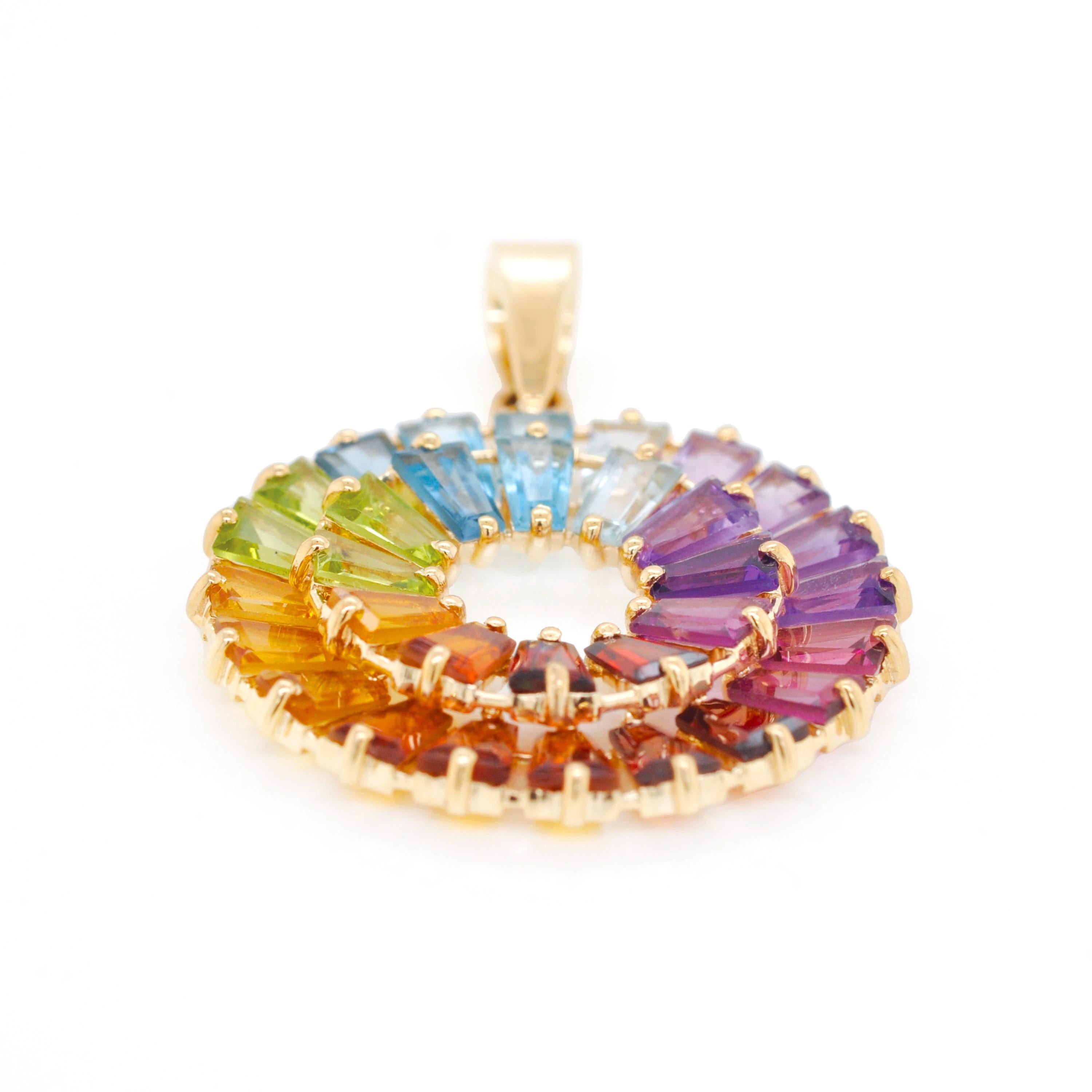 14 Karat Yellow Gold Tapered Baguette Rainbow Gemstones Pendant Stud Earrings For Sale 1
