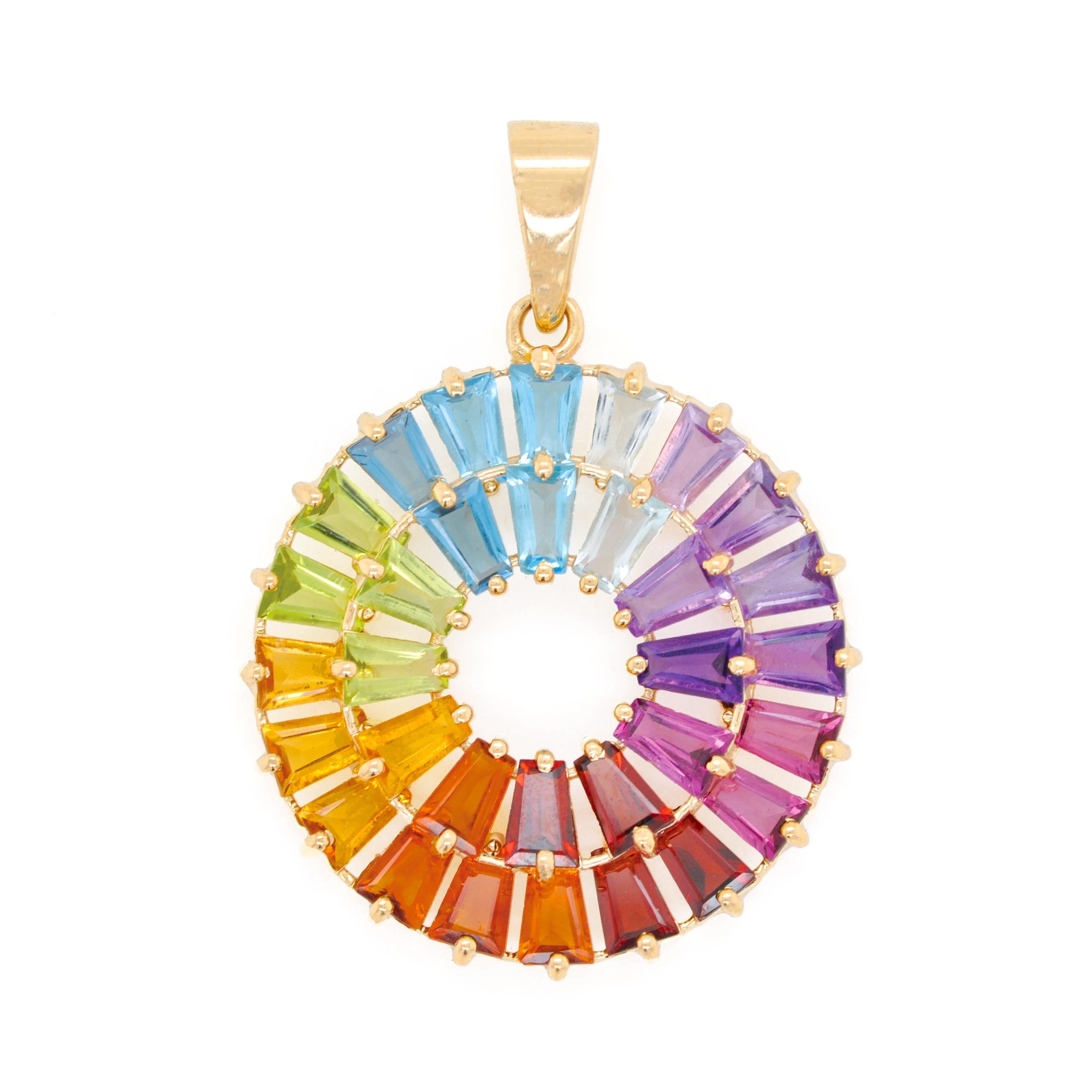 14 Karat Yellow Gold Tapered Baguette Rainbow Gemstones Pendant Stud Earrings For Sale 2