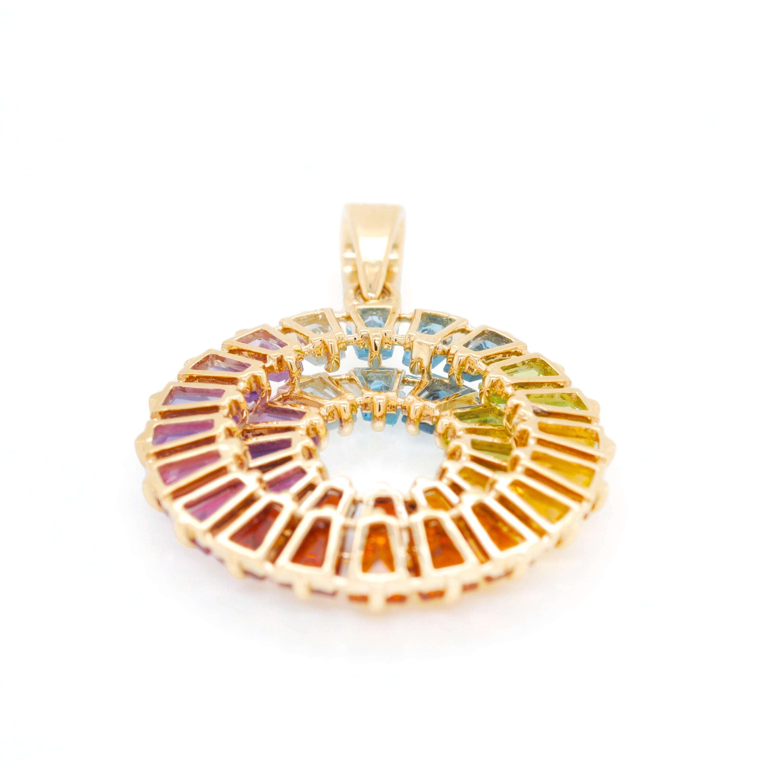 14 Karat Yellow Gold Tapered Baguette Rainbow Gemstones Pendant Stud Earrings For Sale 3