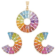 Pendientes de oro amarillo de 14 quilates con forma cónica de baguette y piedras del arco iris