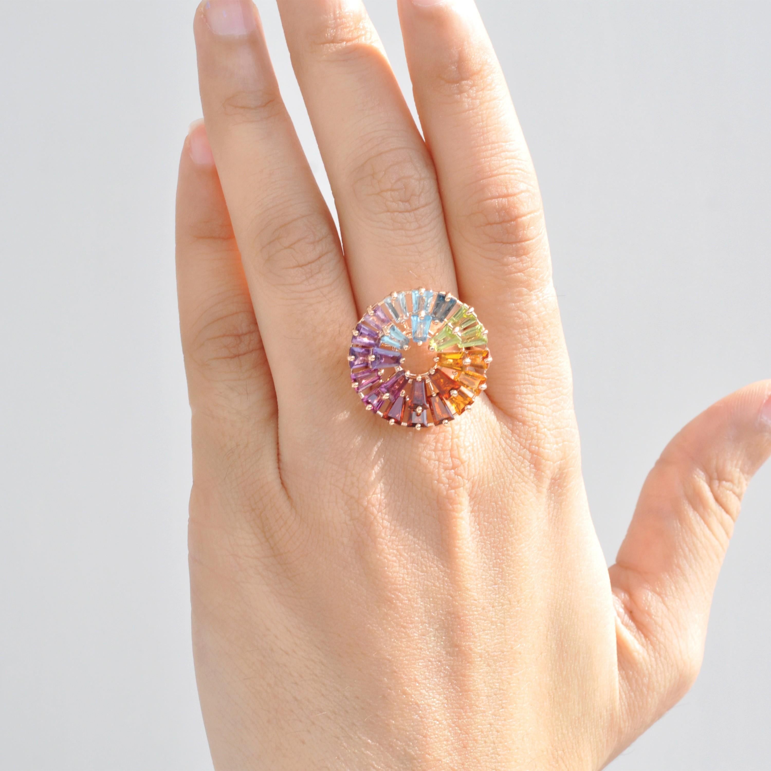 14K Yellow Gold Hand-Crafted Tapered Baguette Natural Rainbow Gemstones Ring For Sale 4