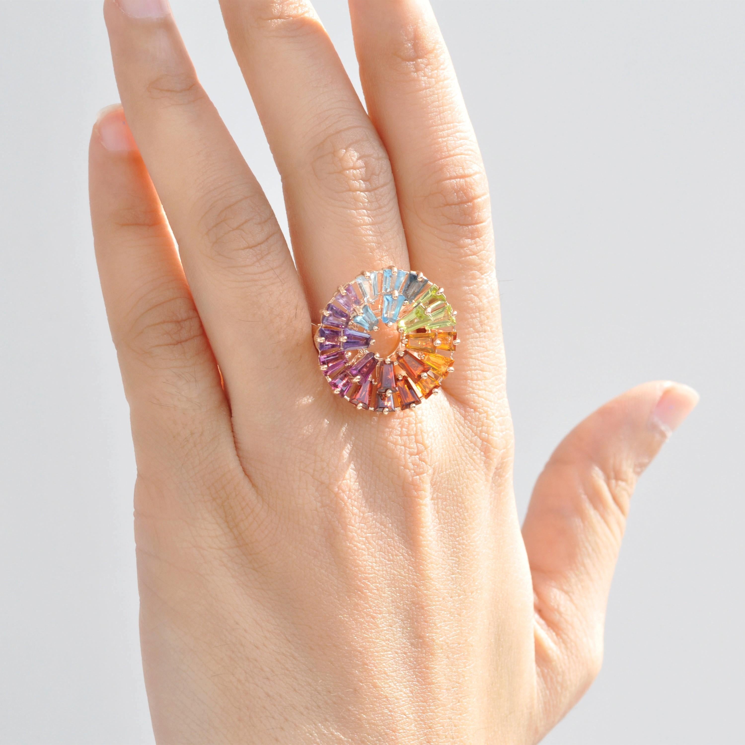 14K Yellow Gold Hand-Crafted Tapered Baguette Natural Rainbow Gemstones Ring For Sale 5
