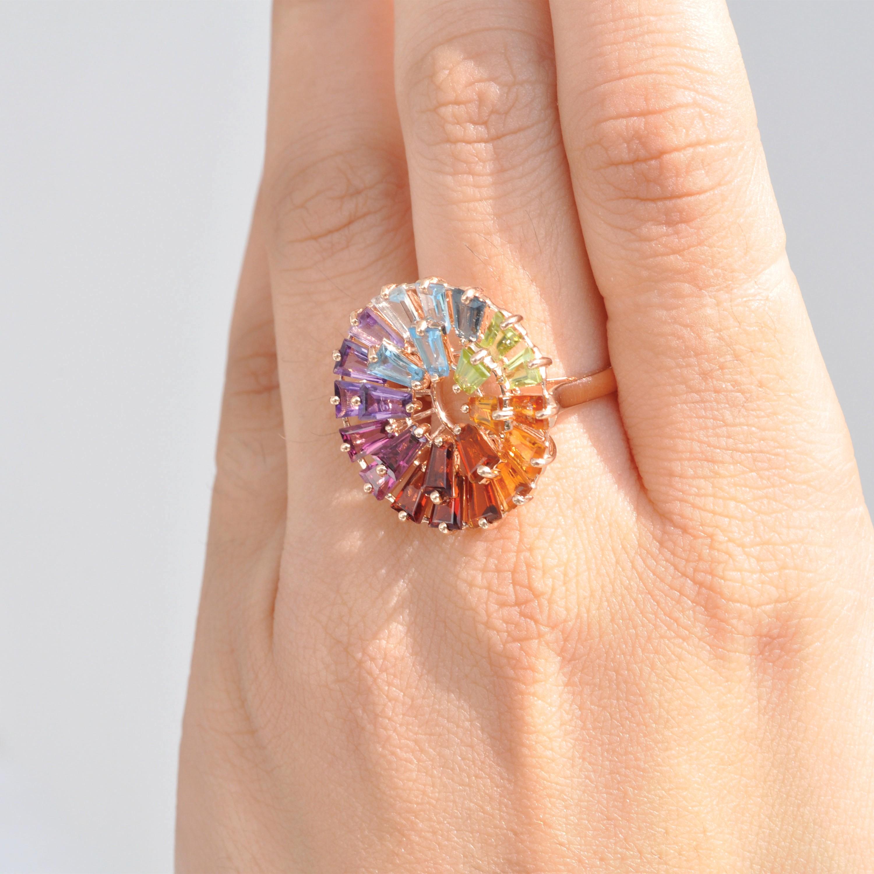 14K Yellow Gold Hand-Crafted Tapered Baguette Natural Rainbow Gemstones Ring For Sale 6