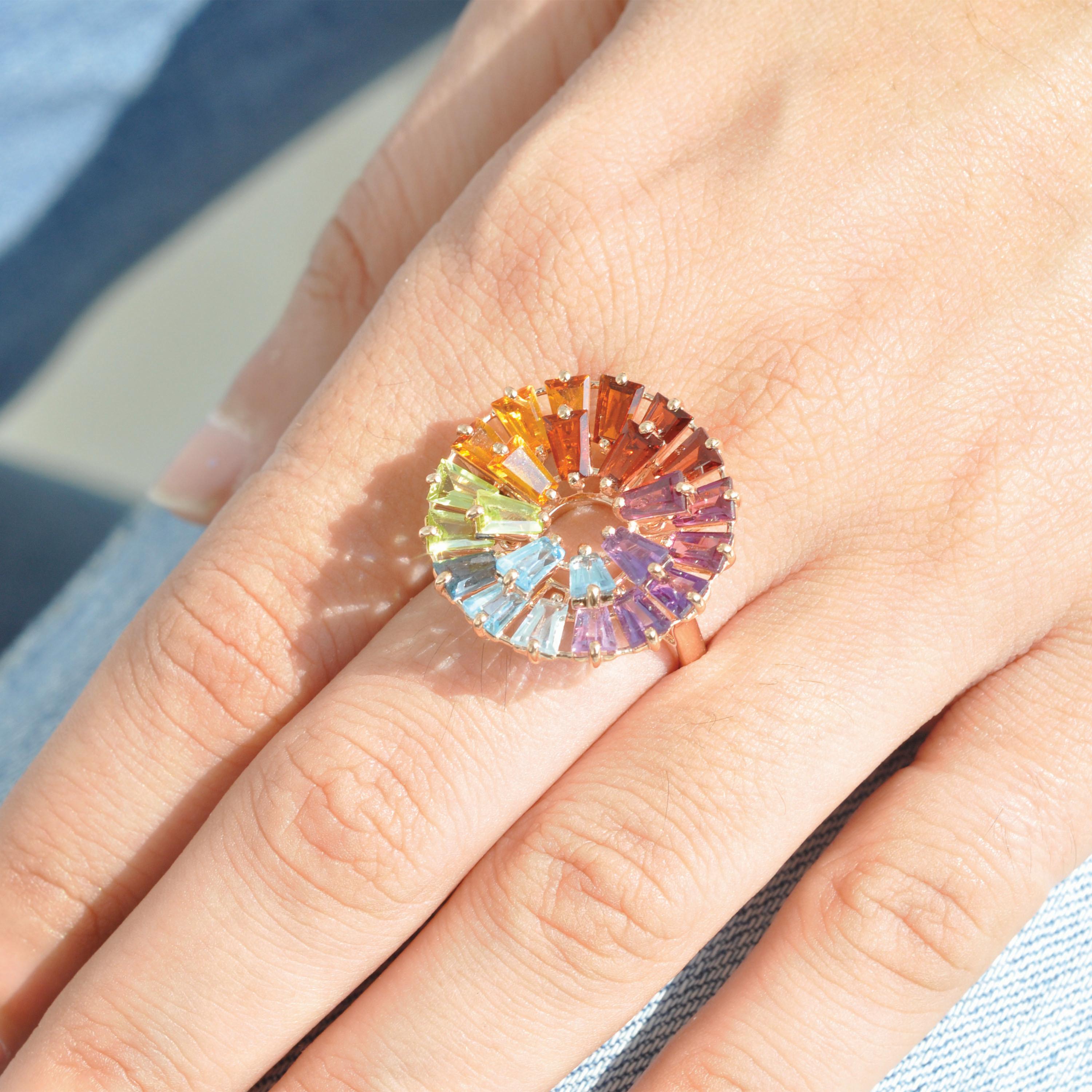 14K Yellow Gold Hand-Crafted Tapered Baguette Natural Rainbow Gemstones Ring For Sale 7
