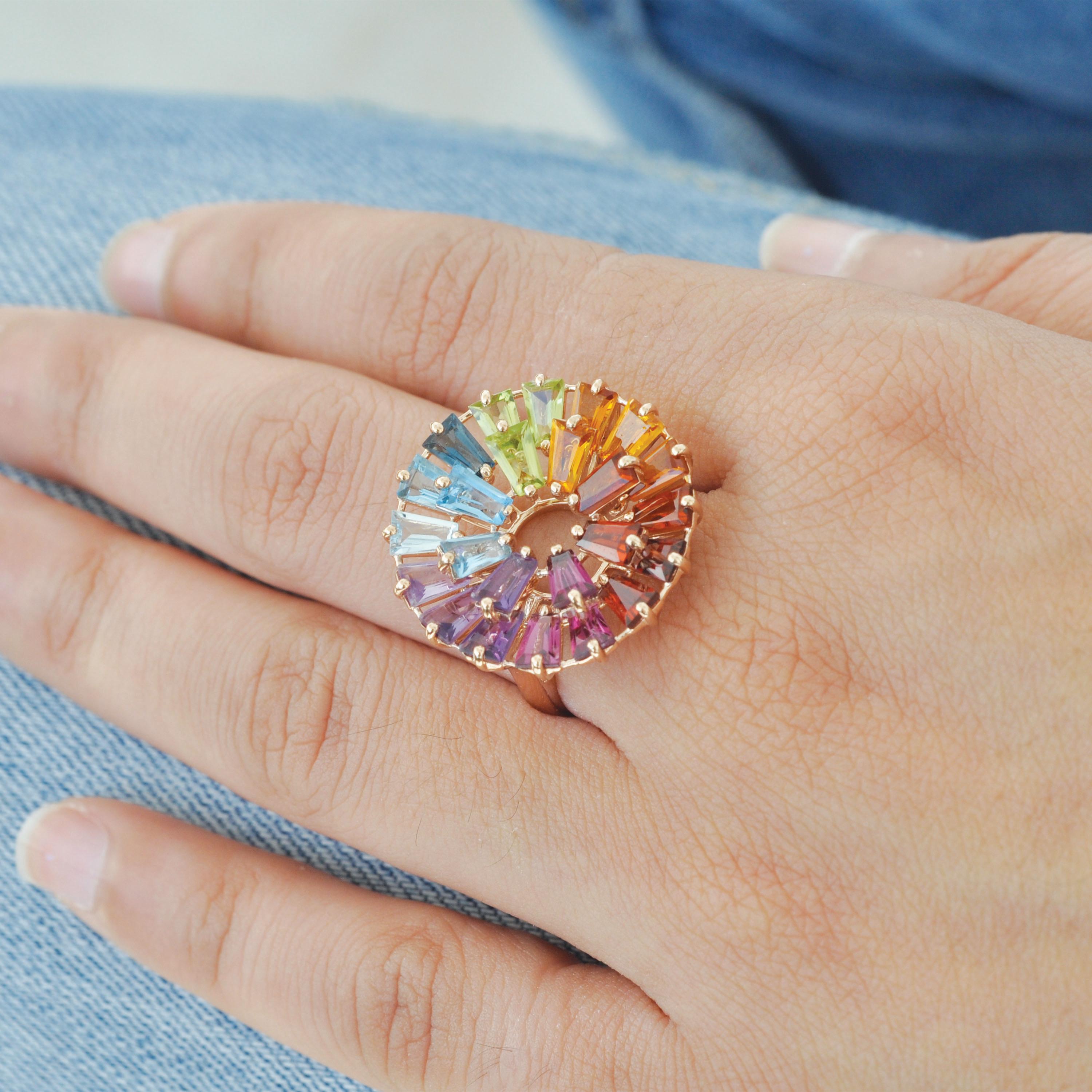 14K Yellow Gold Hand-Crafted Tapered Baguette Natural Rainbow Gemstones Ring For Sale 8