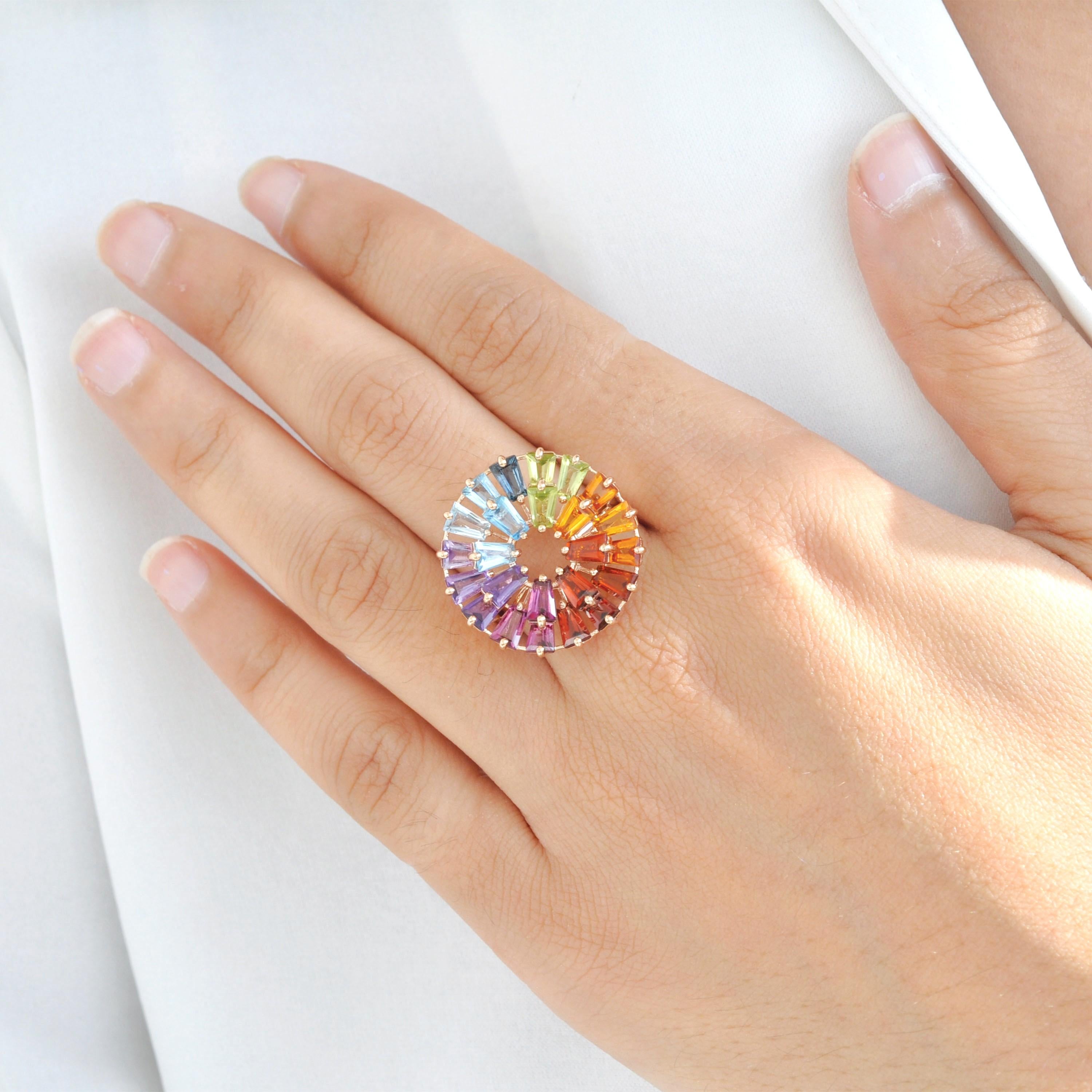 Contemporary 14K Yellow Gold Hand-Crafted Tapered Baguette Natural Rainbow Gemstones Ring For Sale