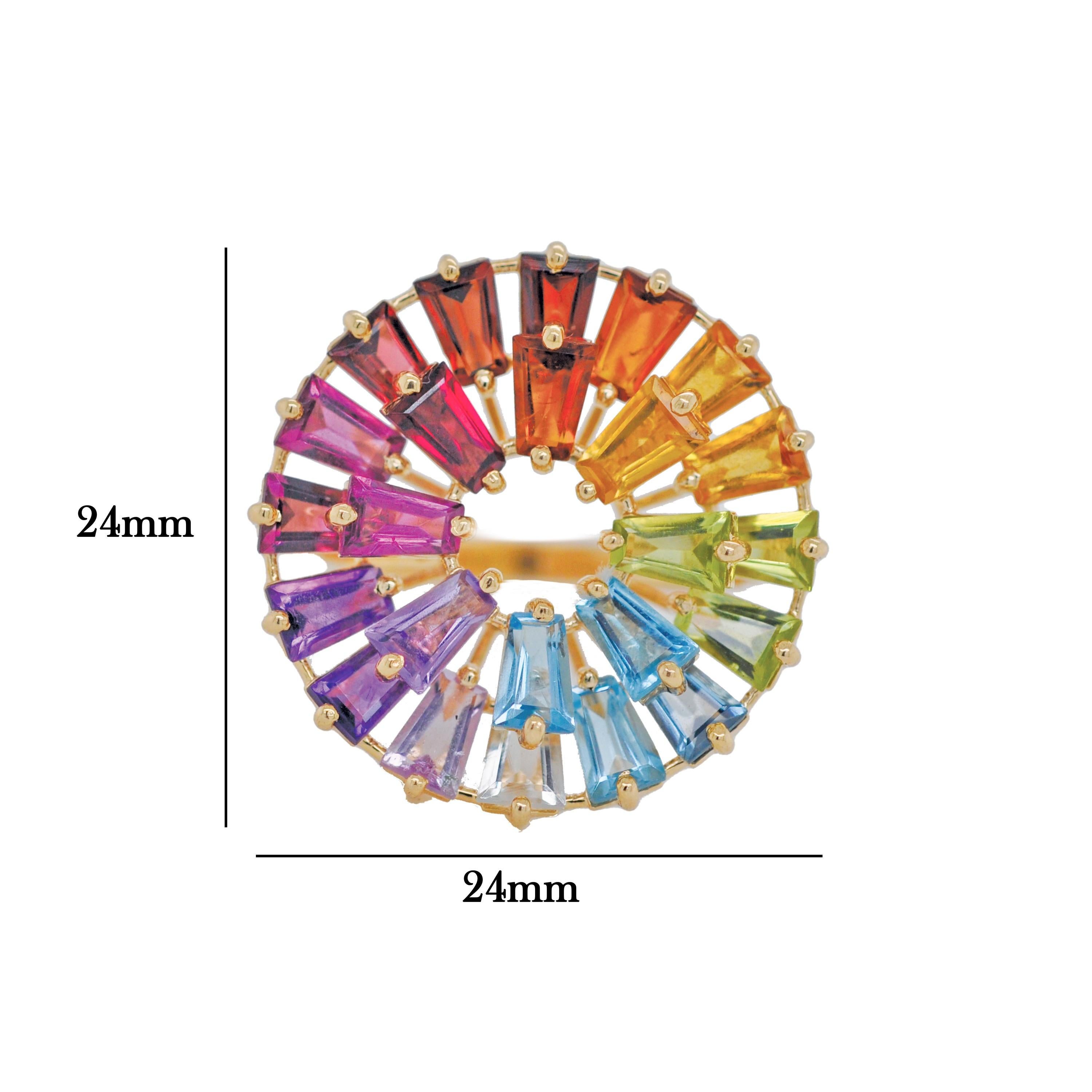 14K Yellow Gold Hand-Crafted Tapered Baguette Natural Rainbow Gemstones Ring In New Condition For Sale In Jaipur, Rajasthan