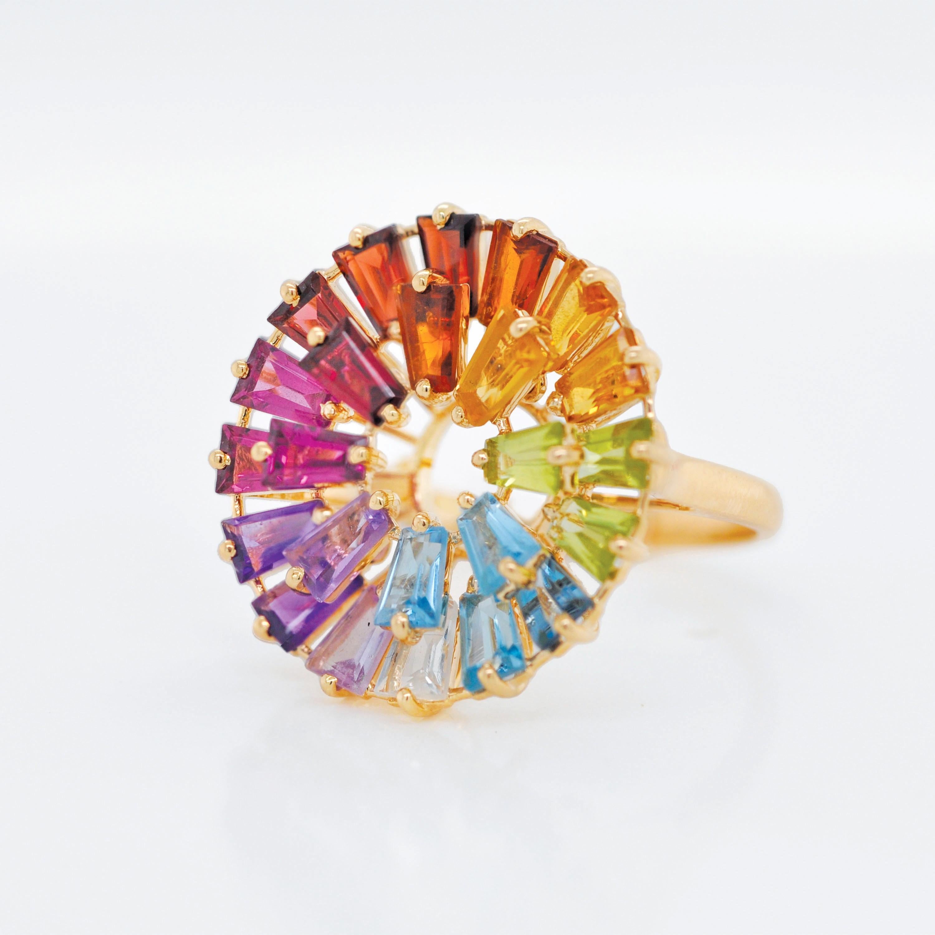 Women's or Men's 14K Yellow Gold Hand-Crafted Tapered Baguette Natural Rainbow Gemstones Ring For Sale
