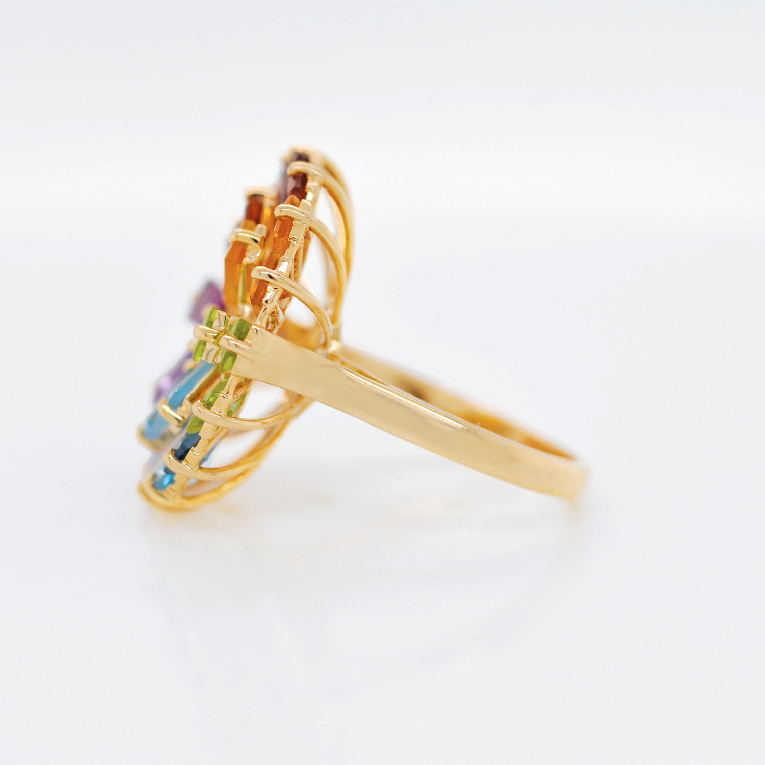 14K Yellow Gold Hand-Crafted Tapered Baguette Natural Rainbow Gemstones Ring For Sale 1