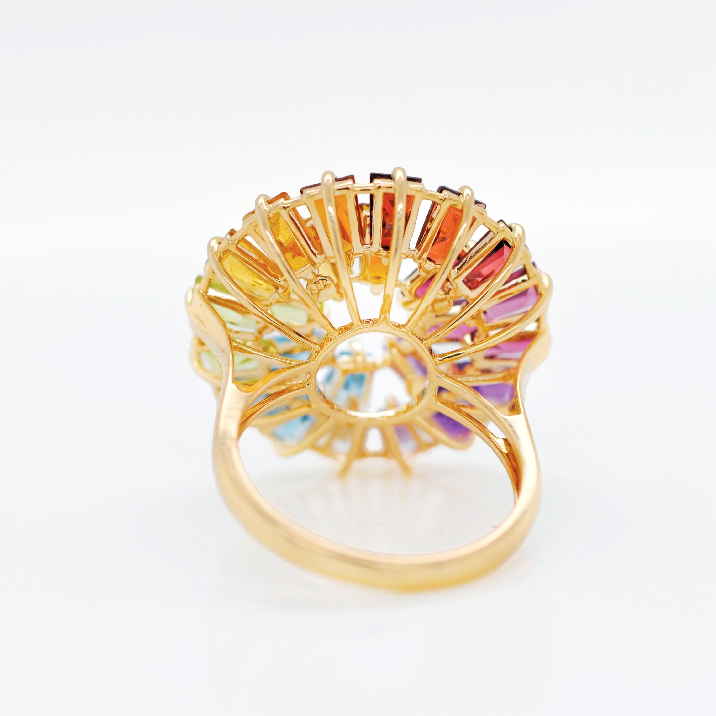 14K Yellow Gold Hand-Crafted Tapered Baguette Natural Rainbow Gemstones Ring For Sale 2