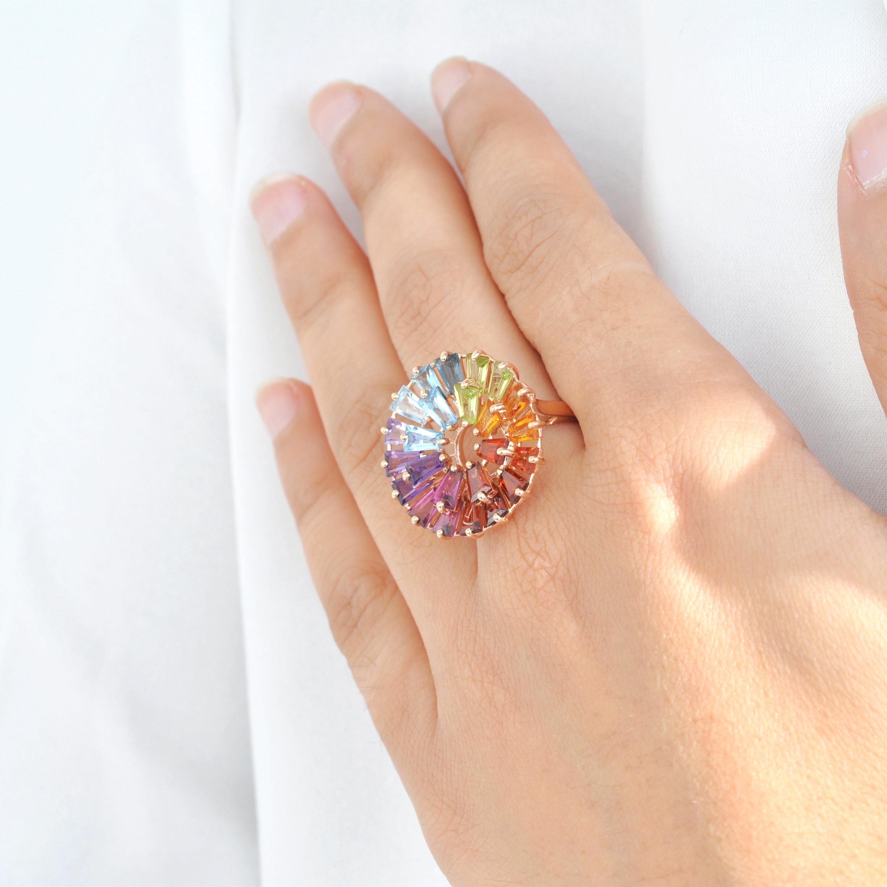 14K Yellow Gold Hand-Crafted Tapered Baguette Natural Rainbow Gemstones Ring For Sale 3