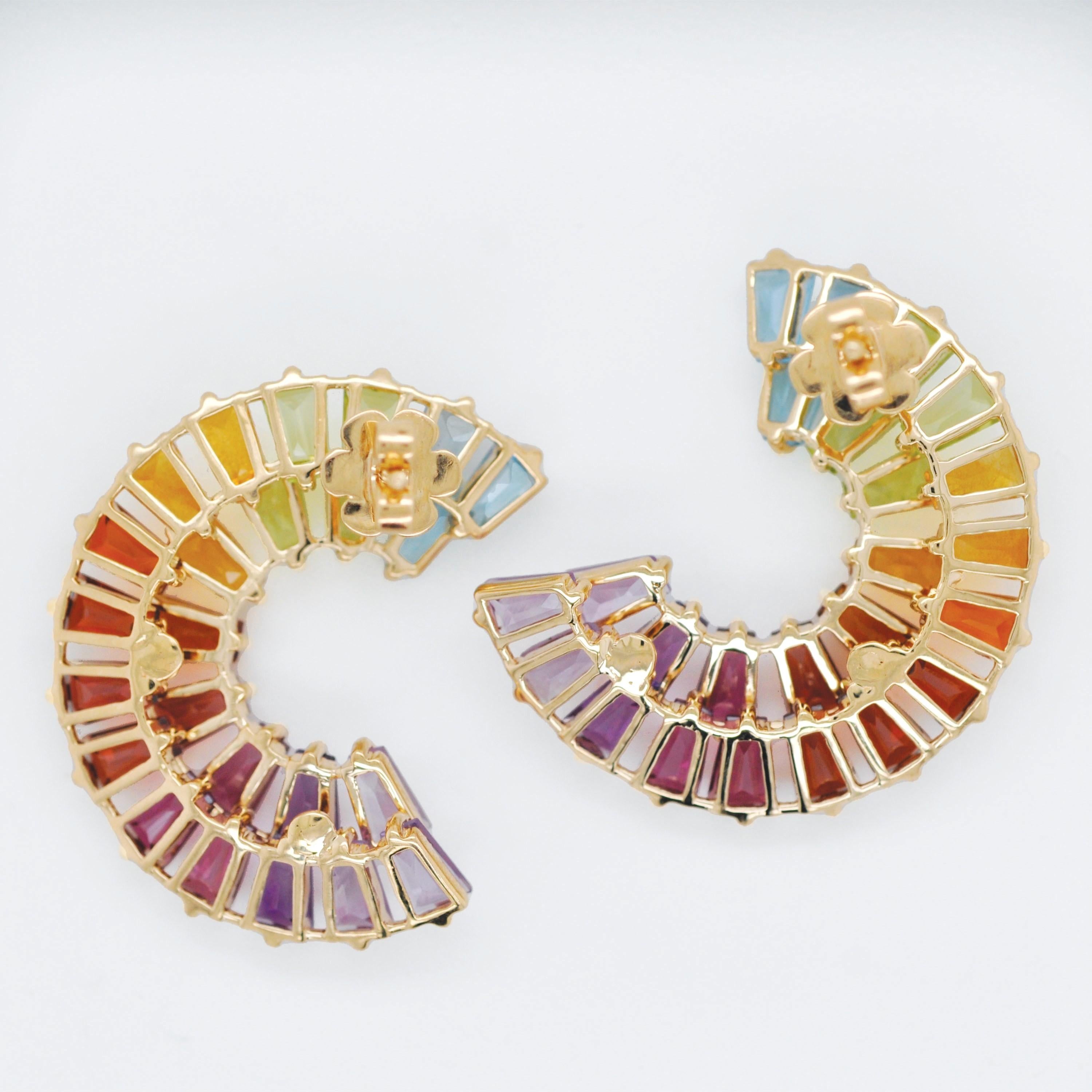 14K Yellow Gold Hand-Crafted Tapered Baguette Rainbow Gemstones Stud Earrings For Sale 5