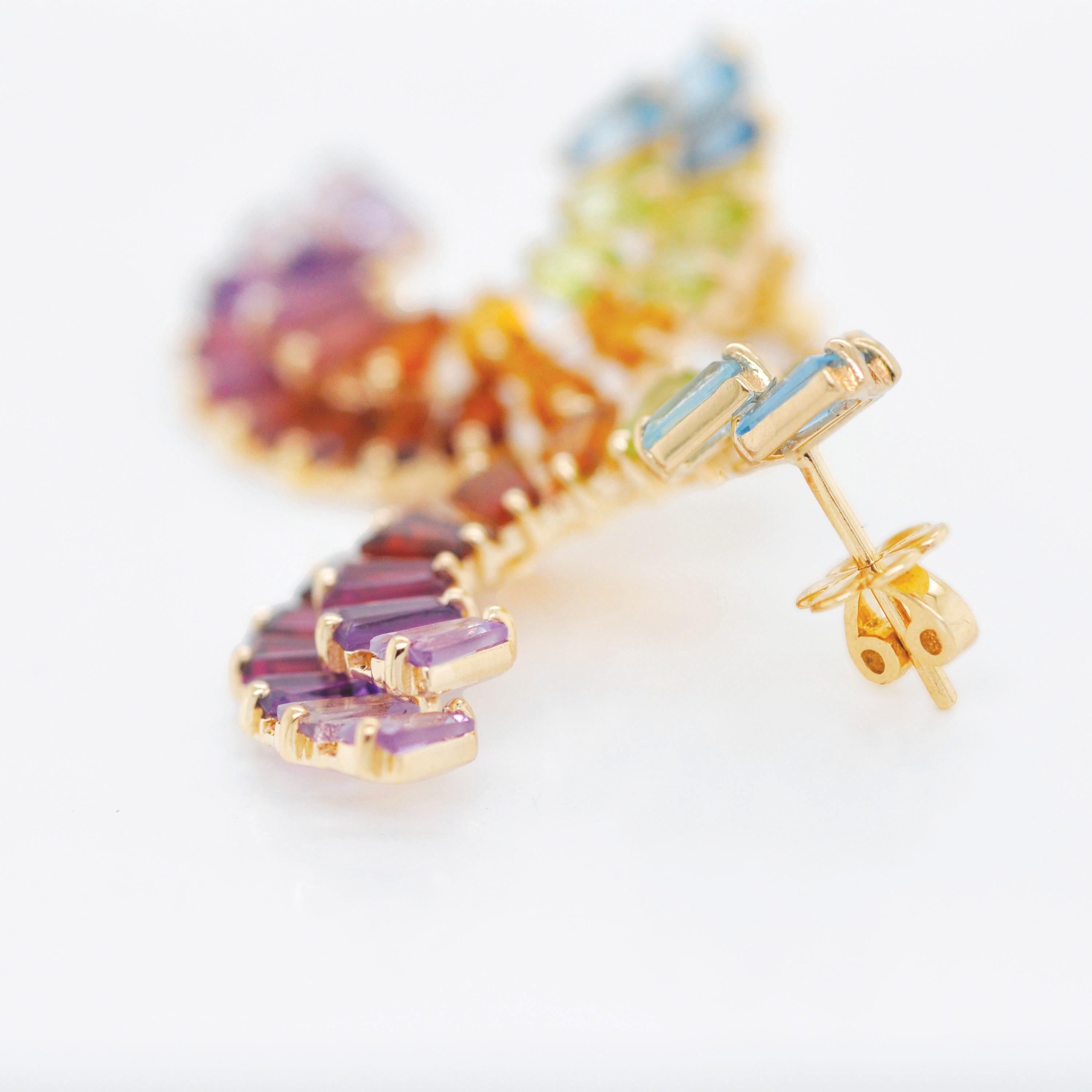 14K Yellow Gold Hand-Crafted Tapered Baguette Rainbow Gemstones Stud Earrings For Sale 6