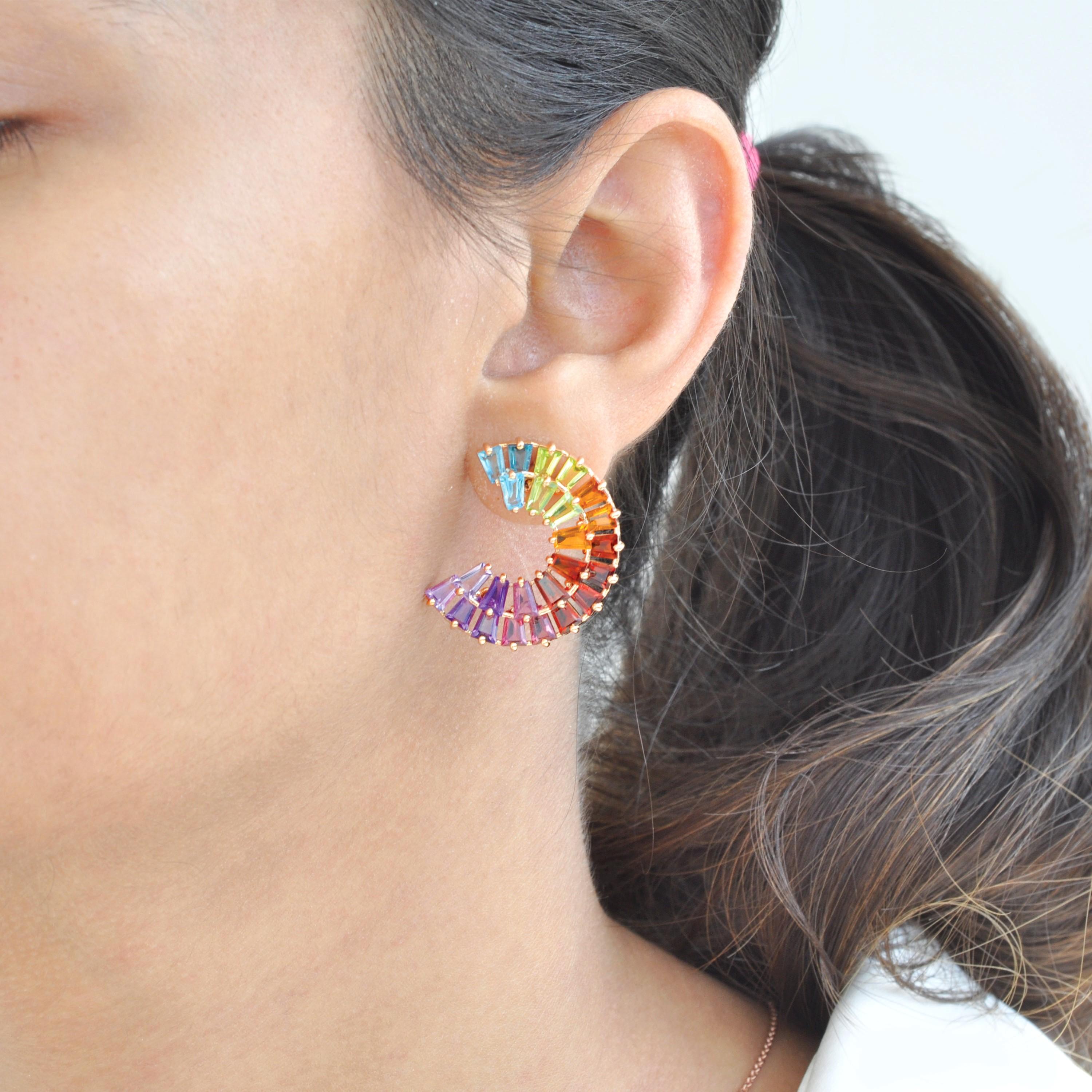 14K Yellow Gold Hand-Crafted Tapered Baguette Rainbow Gemstones Stud Earrings For Sale 7