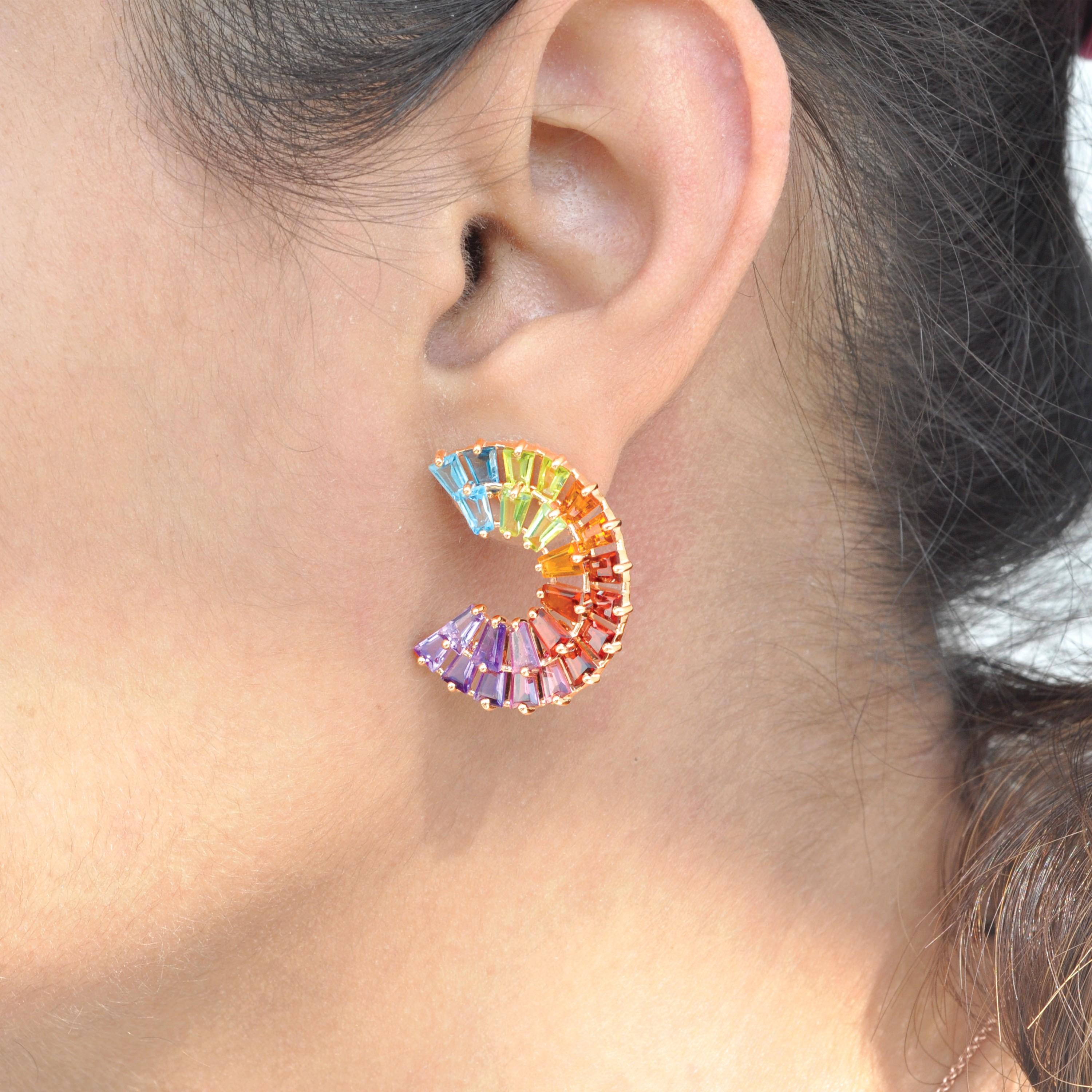 14K Yellow Gold Hand-Crafted Tapered Baguette Rainbow Gemstones Stud Earrings For Sale 9