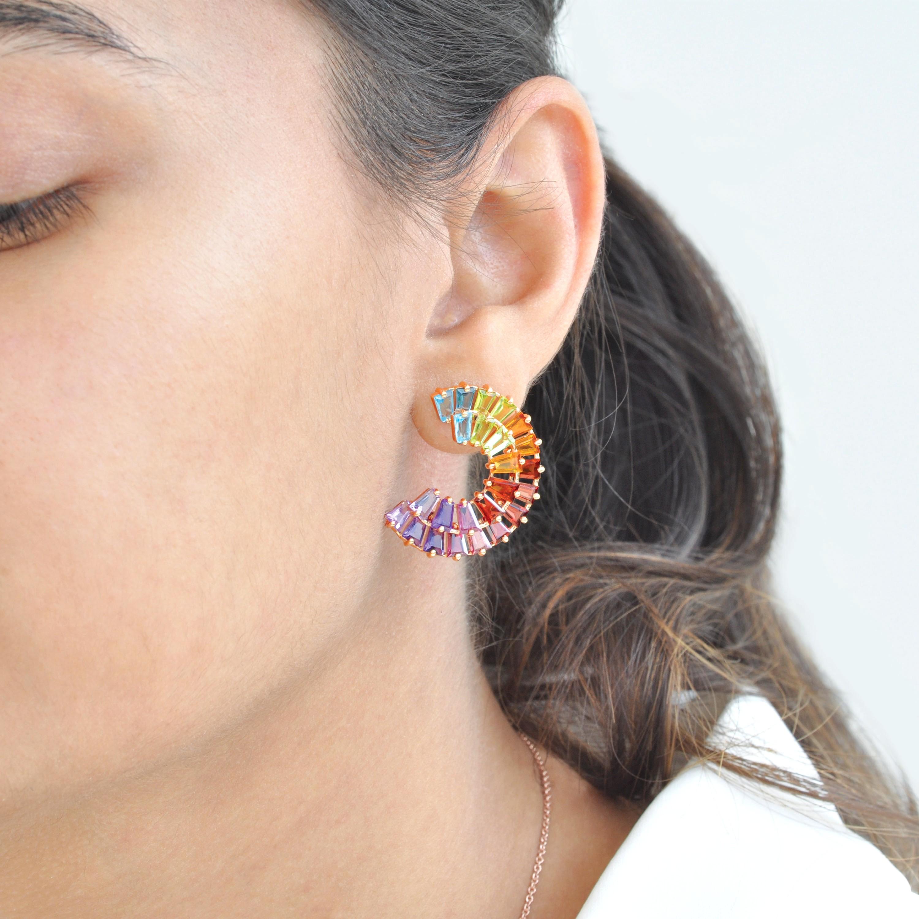 Contemporary 14K Yellow Gold Hand-Crafted Tapered Baguette Rainbow Gemstones Stud Earrings For Sale