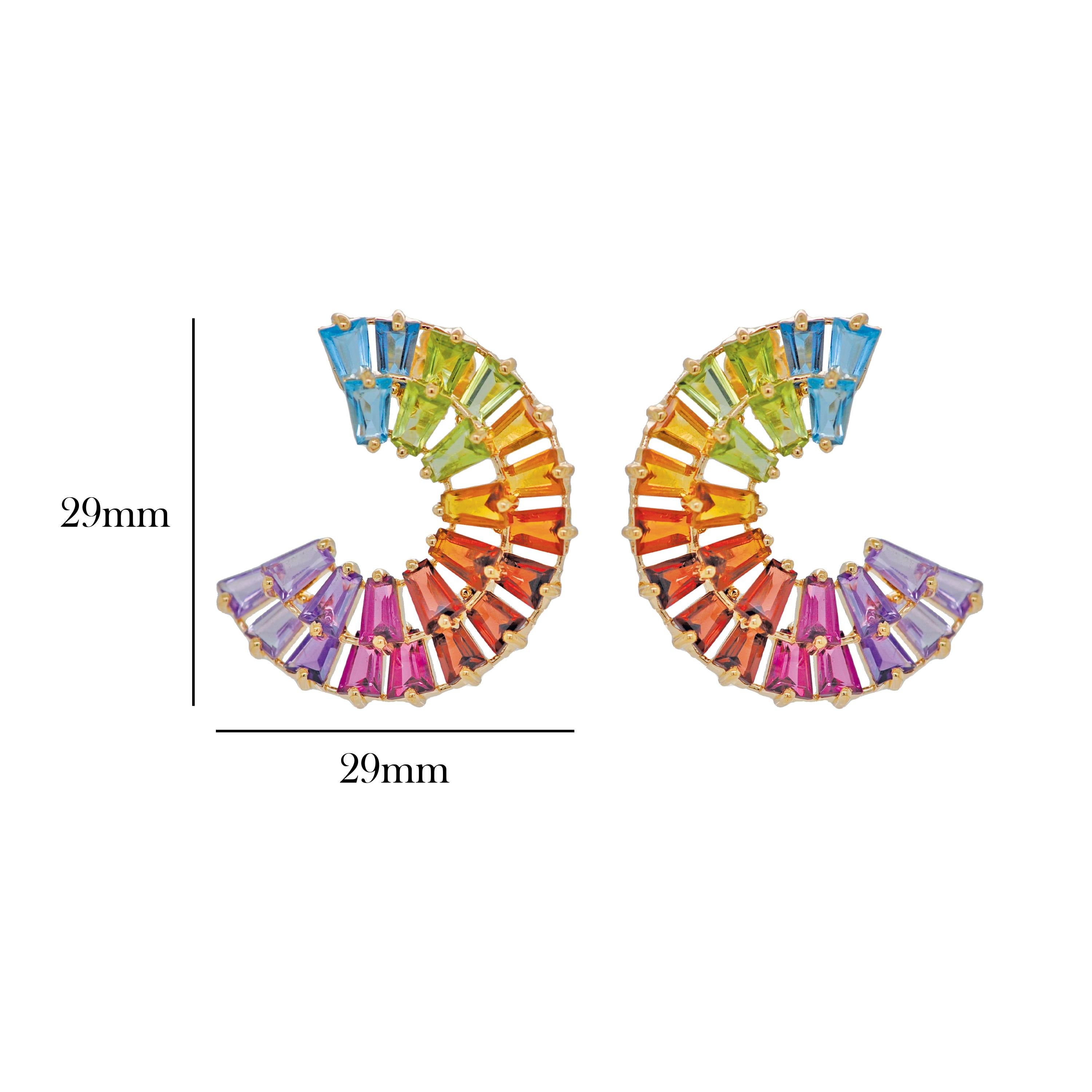 14K Yellow Gold Hand-Crafted Tapered Baguette Rainbow Gemstones Stud Earrings In New Condition For Sale In Jaipur, Rajasthan