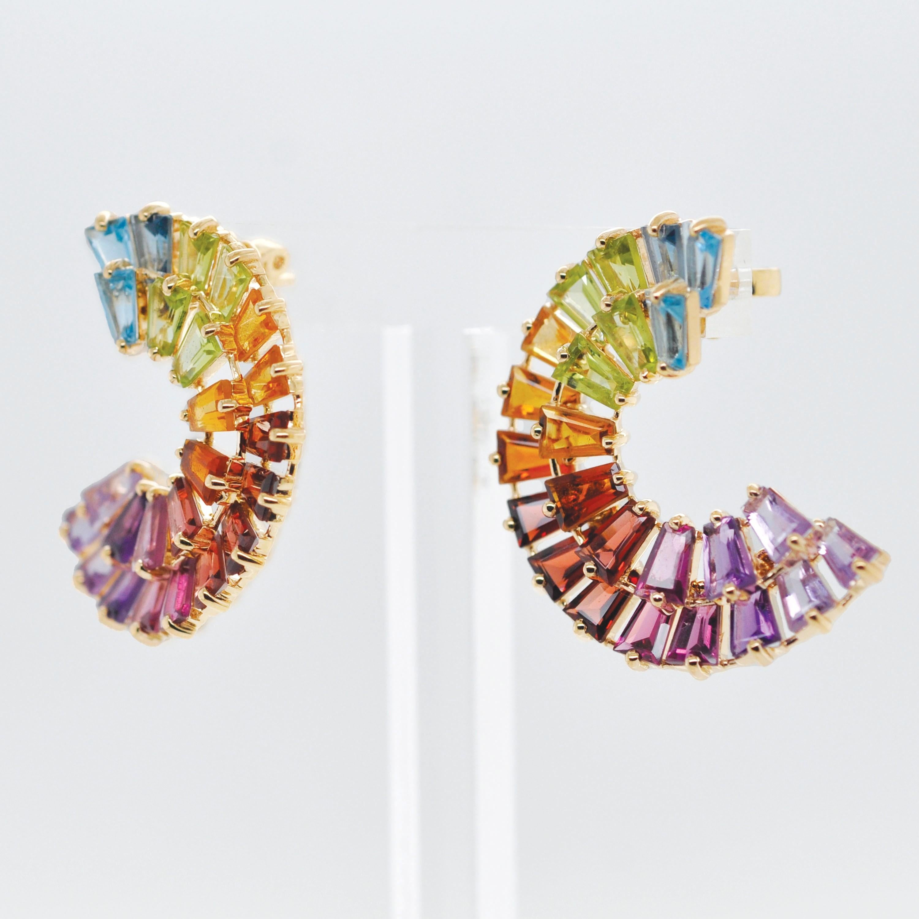 Women's 14K Yellow Gold Hand-Crafted Tapered Baguette Rainbow Gemstones Stud Earrings For Sale