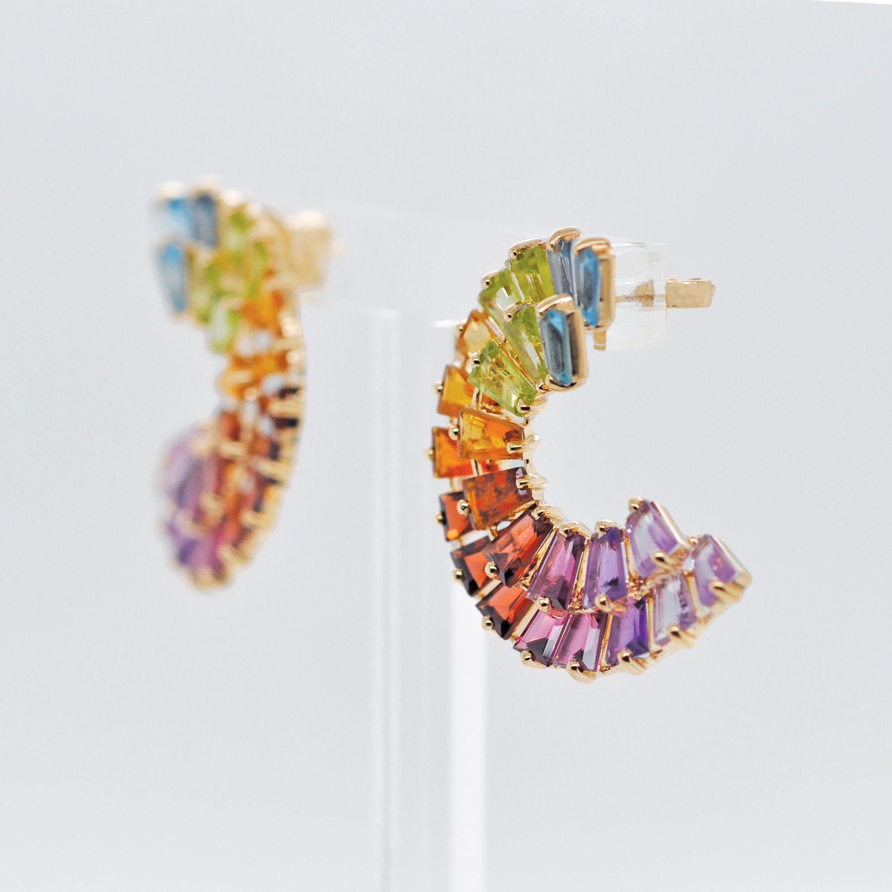 14K Yellow Gold Hand-Crafted Tapered Baguette Rainbow Gemstones Stud Earrings For Sale 1