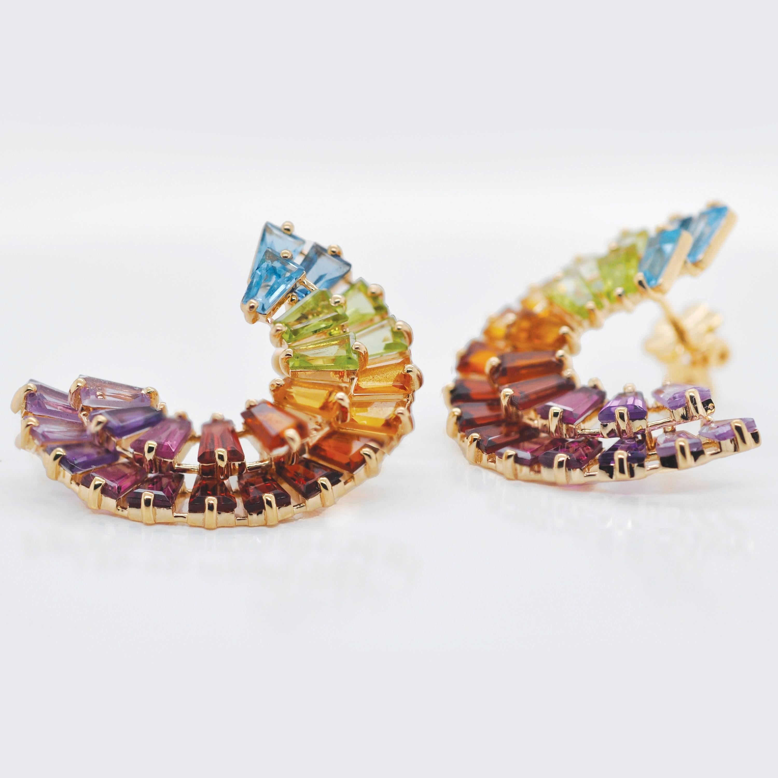 14K Yellow Gold Hand-Crafted Tapered Baguette Rainbow Gemstones Stud Earrings For Sale 2