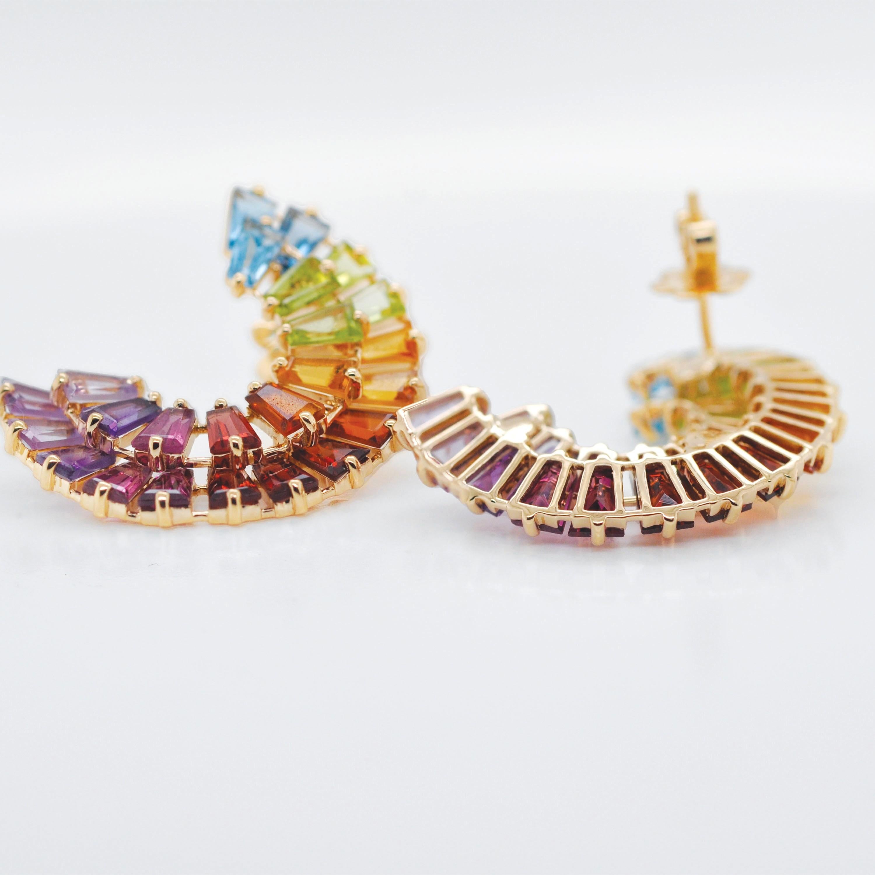 14K Yellow Gold Hand-Crafted Tapered Baguette Rainbow Gemstones Stud Earrings For Sale 3
