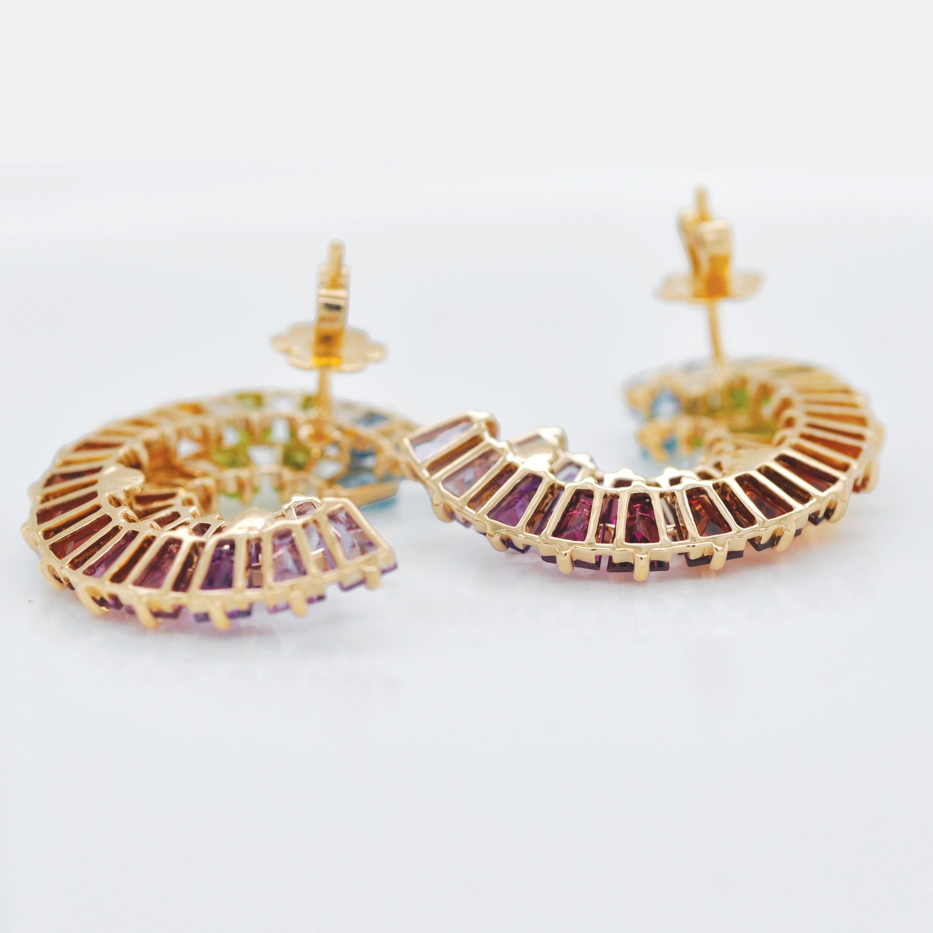 14K Yellow Gold Hand-Crafted Tapered Baguette Rainbow Gemstones Stud Earrings For Sale 4