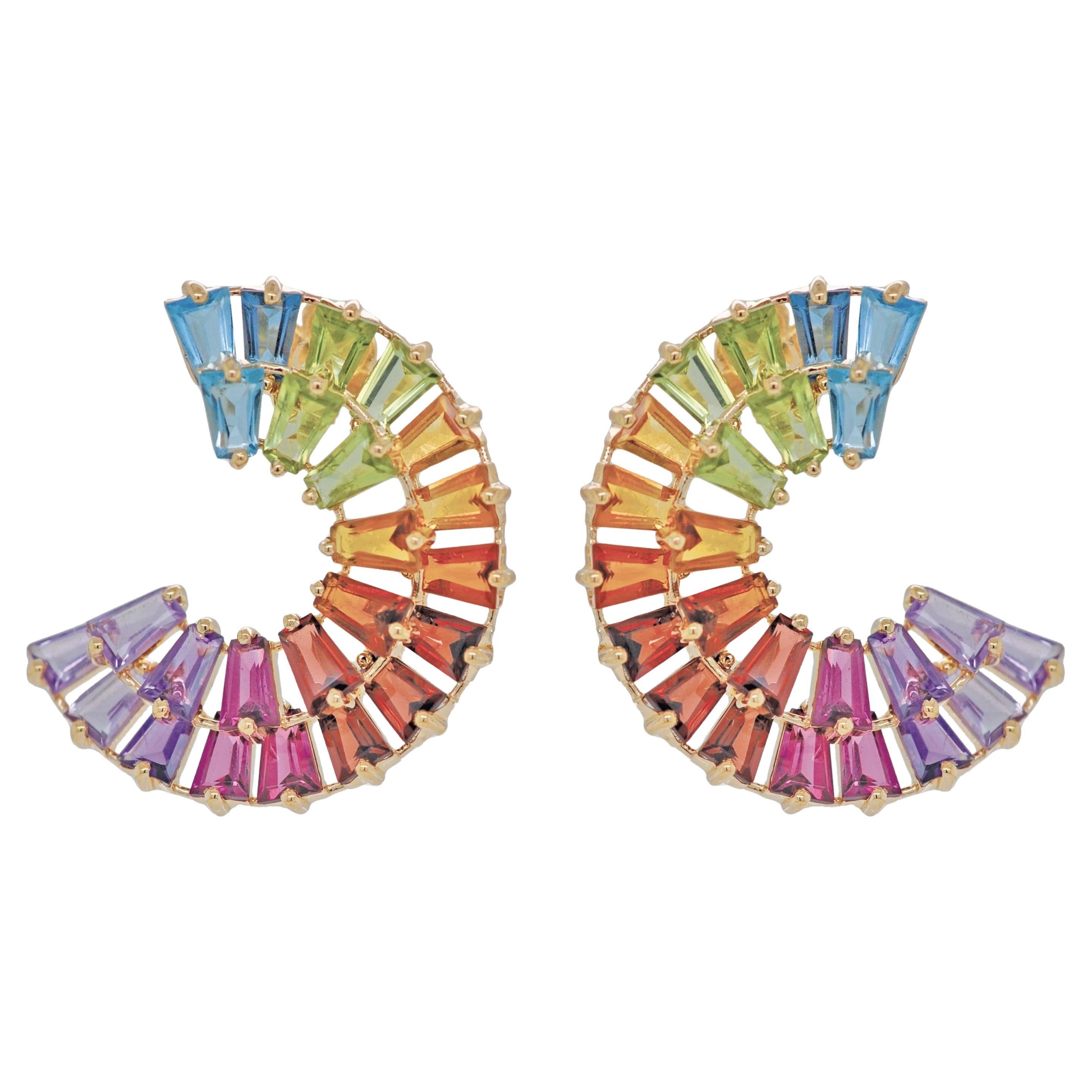 14 Karat Yellow Gold Rainbow Tapered Baguette Gemstones Diamond Stud