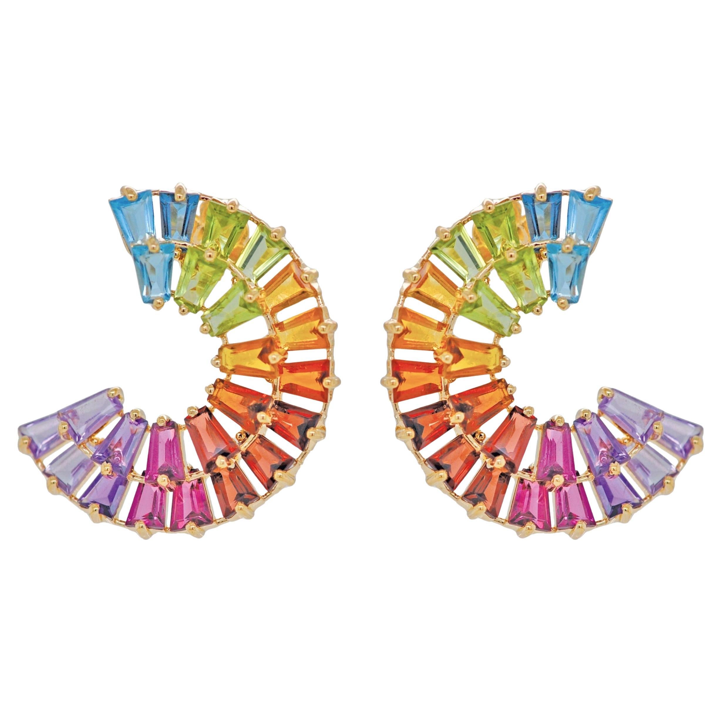 14K Yellow Gold Hand-Crafted Tapered Baguette Rainbow Gemstones Stud Earrings