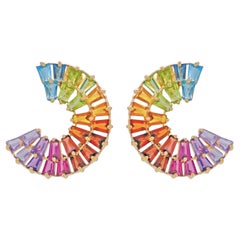 Pendientes artesanales de oro amarillo de 14 quilates con forma cónica de baguette y gemas del arco iris