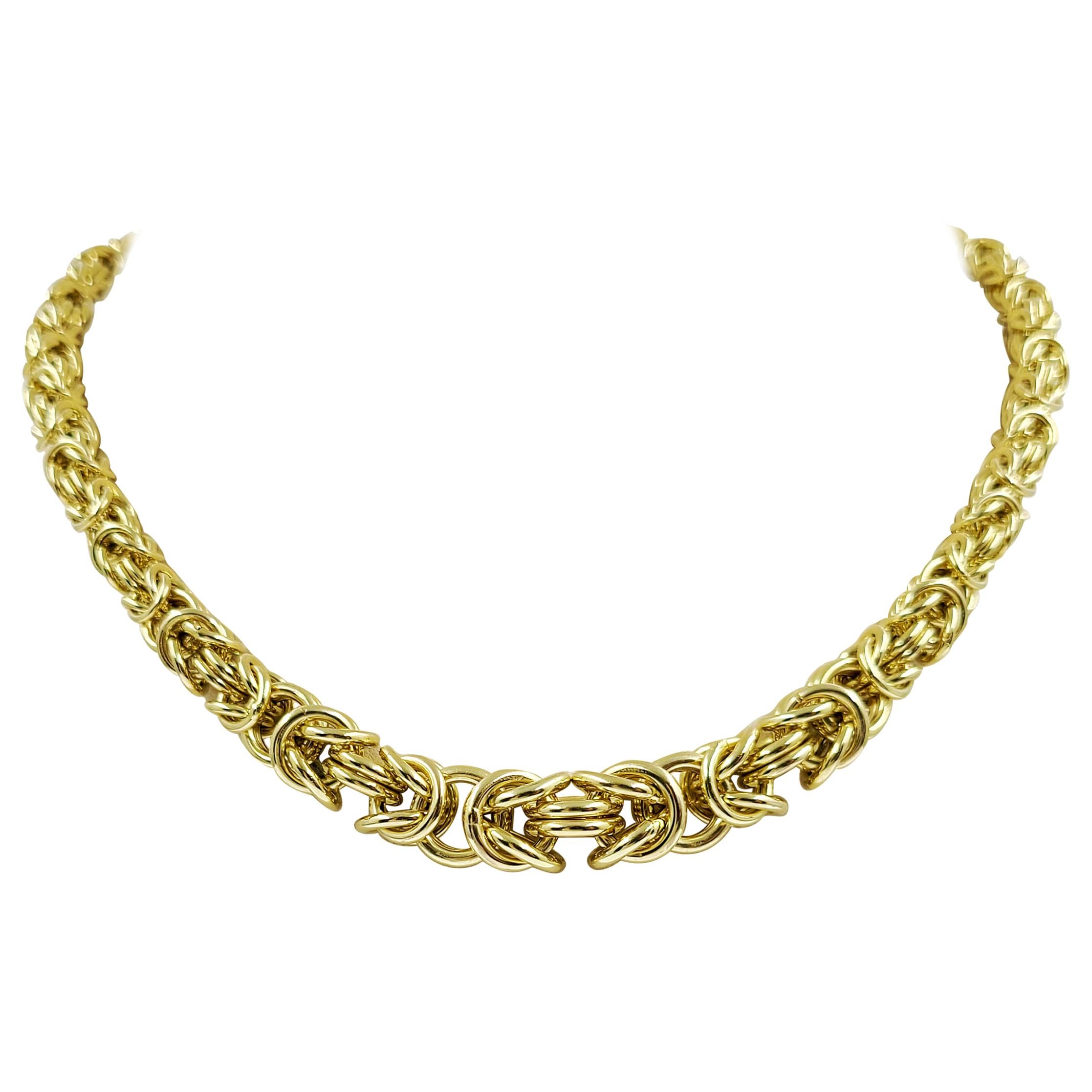 14 Karat Yellow Gold Tapered Byzantine Chain Necklace