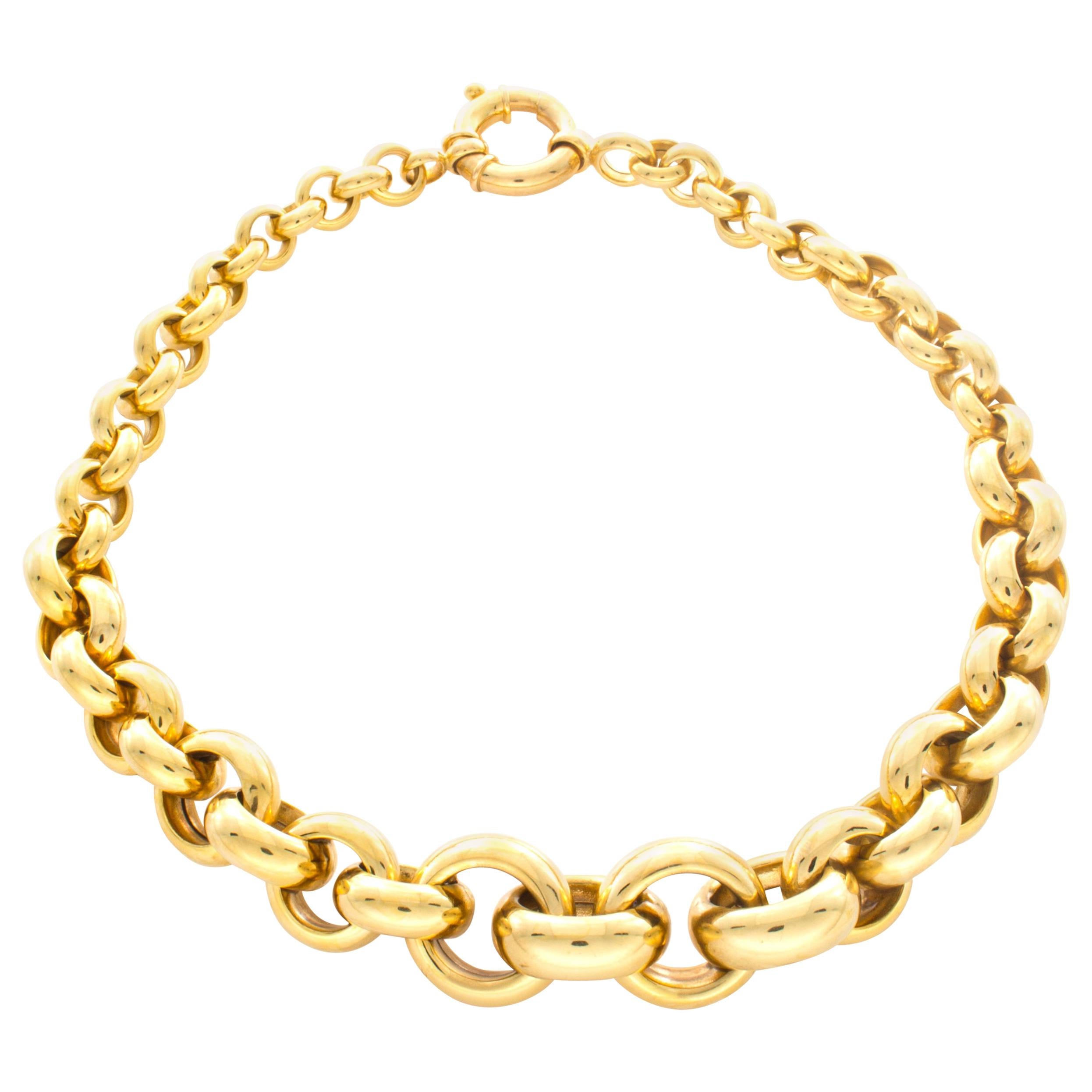 14 Karat Yellow Gold Tapered Circle Link Necklace For Sale