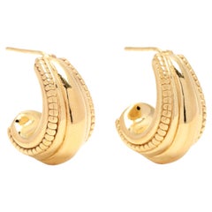 14 Karat Yellow Gold Tapered Puffed Beaded J Hoop Earrings