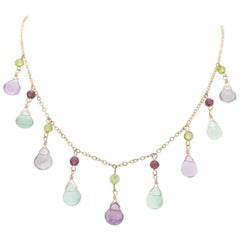 14 Karat Yellow Gold Tear Drop Multi-Color Gemstone Necklace