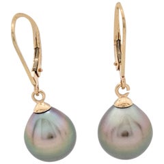 14 Karat Yellow Gold Tear Drop Tahitian Pearl Dangle Drop Earrings